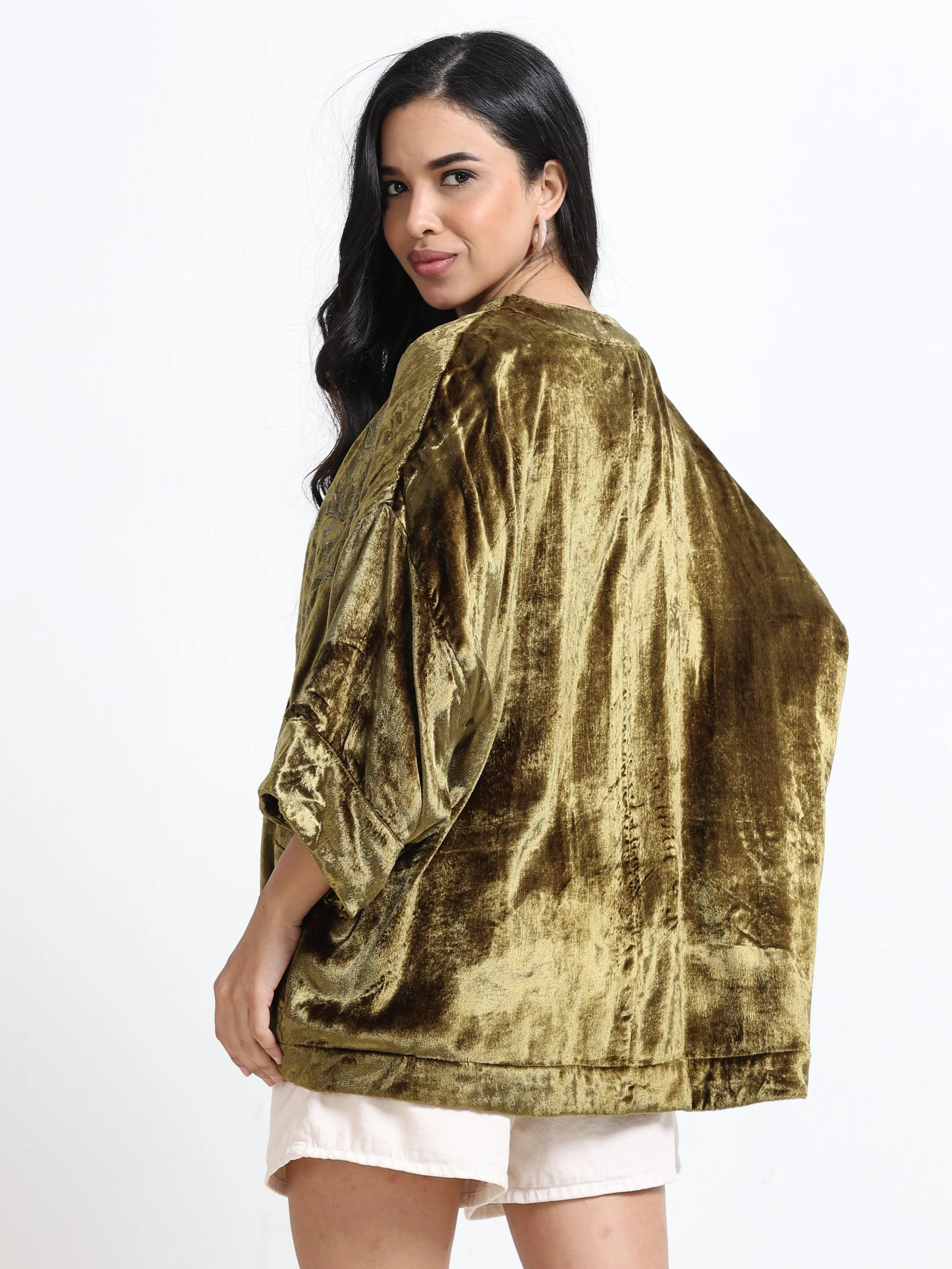 Women Green Velvet Embellished Kimono Jacket - Image 3