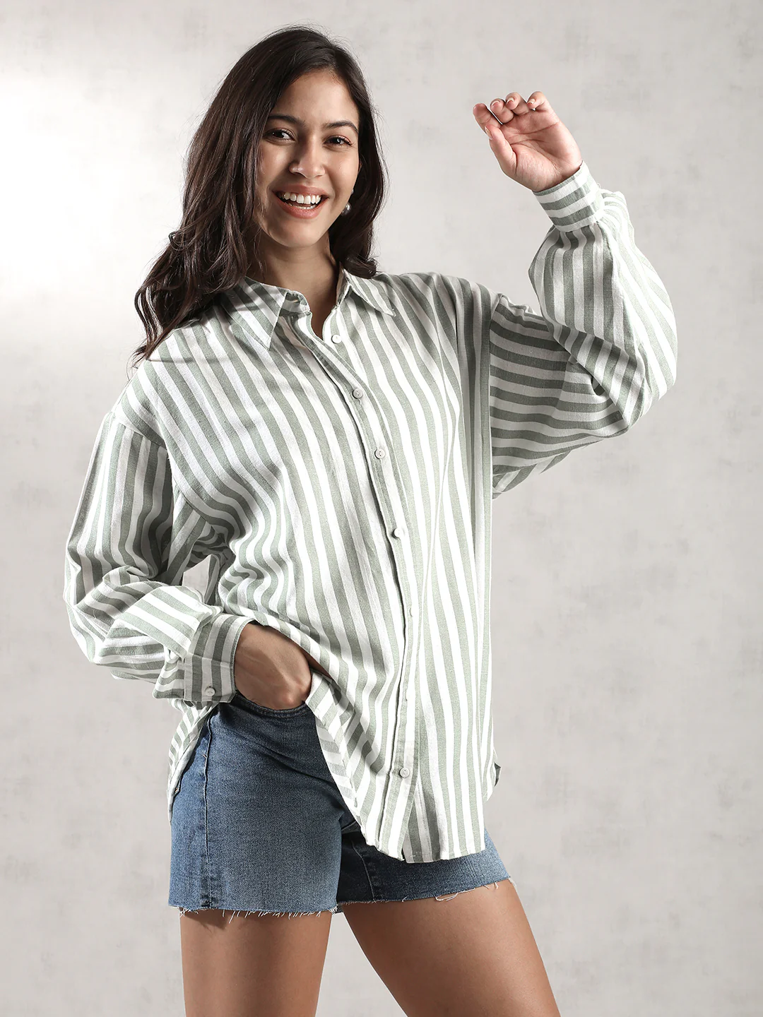 Women Green Stripes Comfort Fit Shirt - Image 3