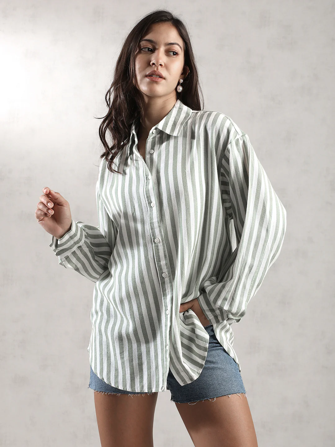 Women Green Stripes Comfort Fit Shirt - Image 6