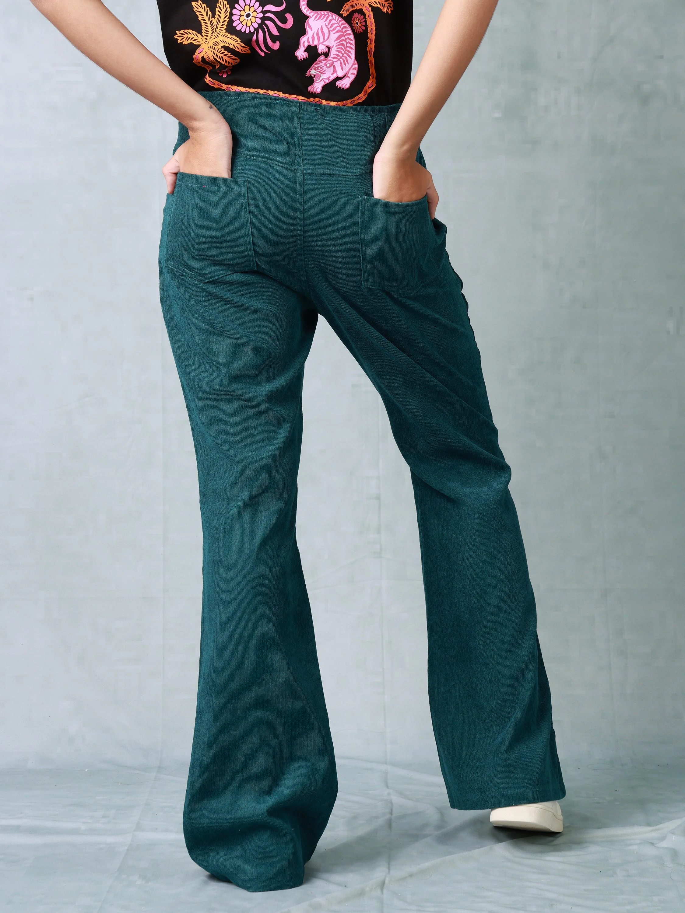 Women Green Corduroy Bootcut Trouser - Image 3