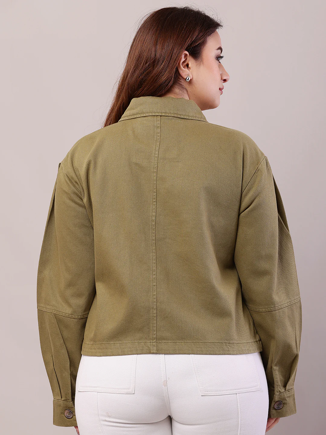 Women Green Cotton Shirt Collar Loose Jacket - Image 4