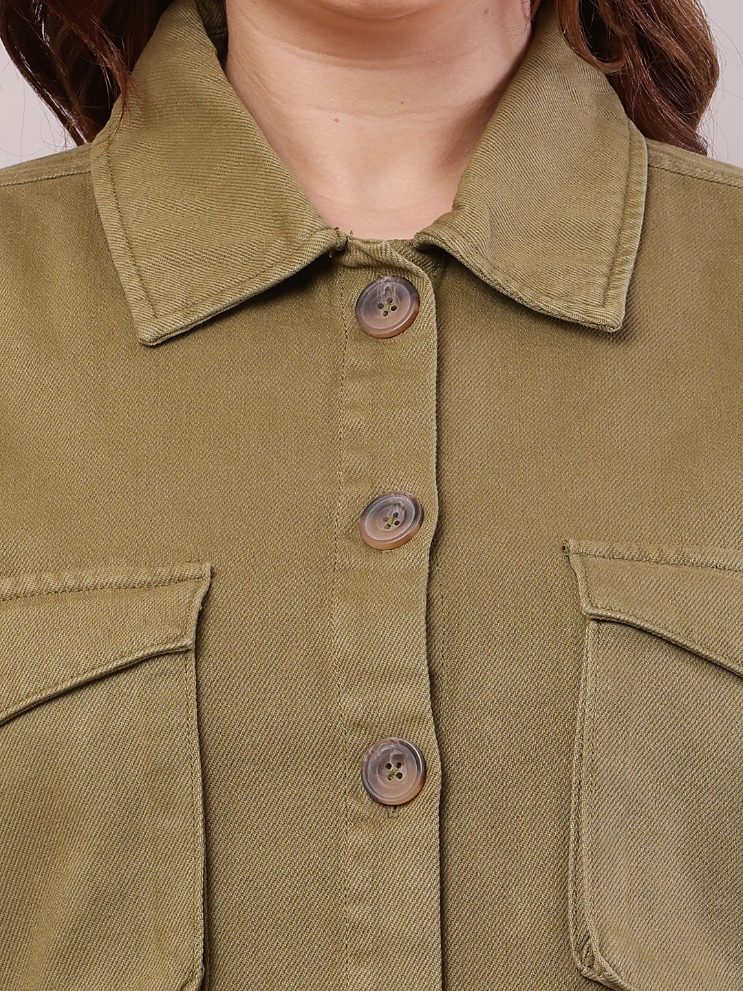 Women Green Cotton Shirt Collar Loose Jacket - Image 5