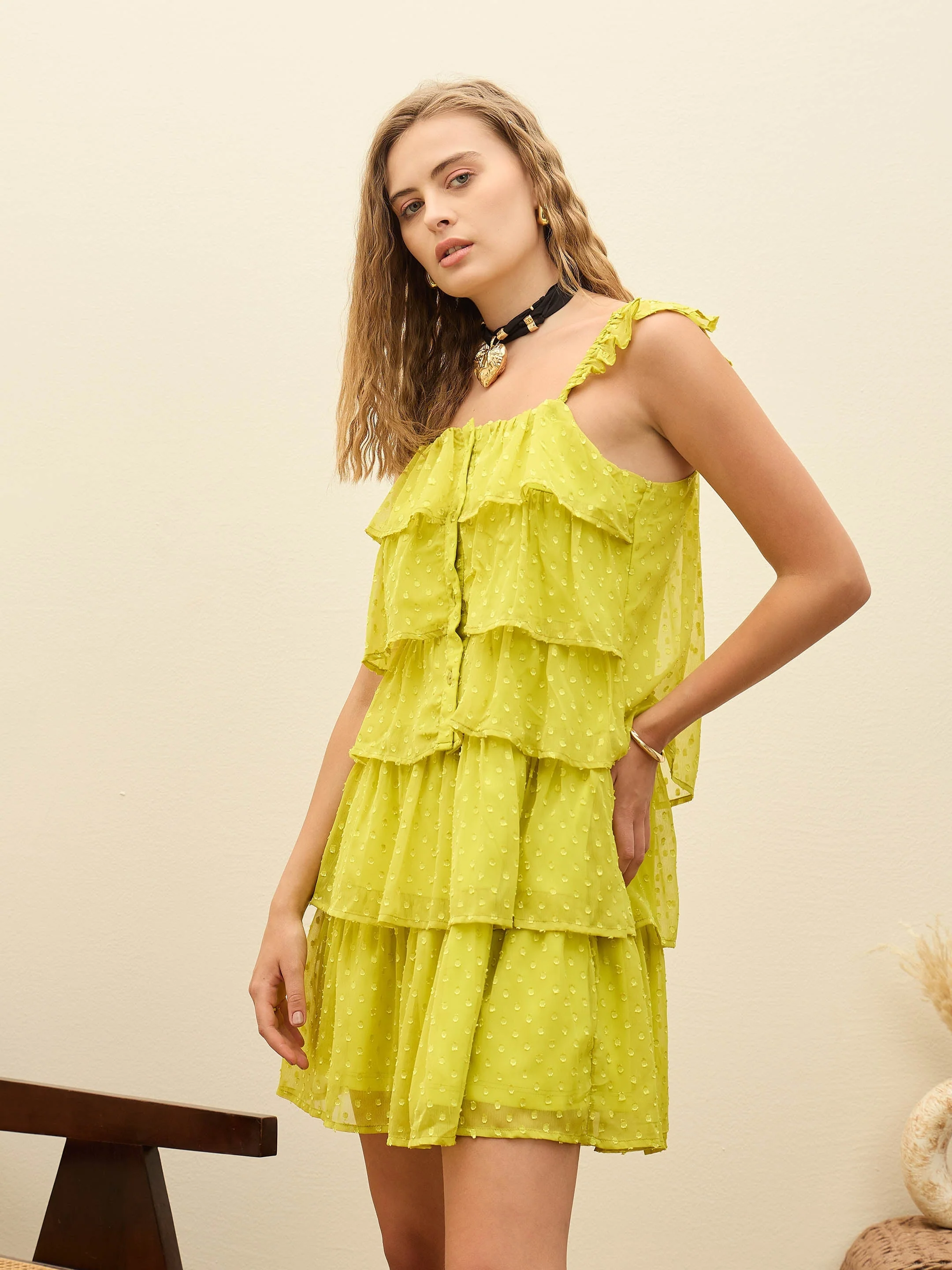 Women Green Dobby Ruffle Short Dress - Image 3