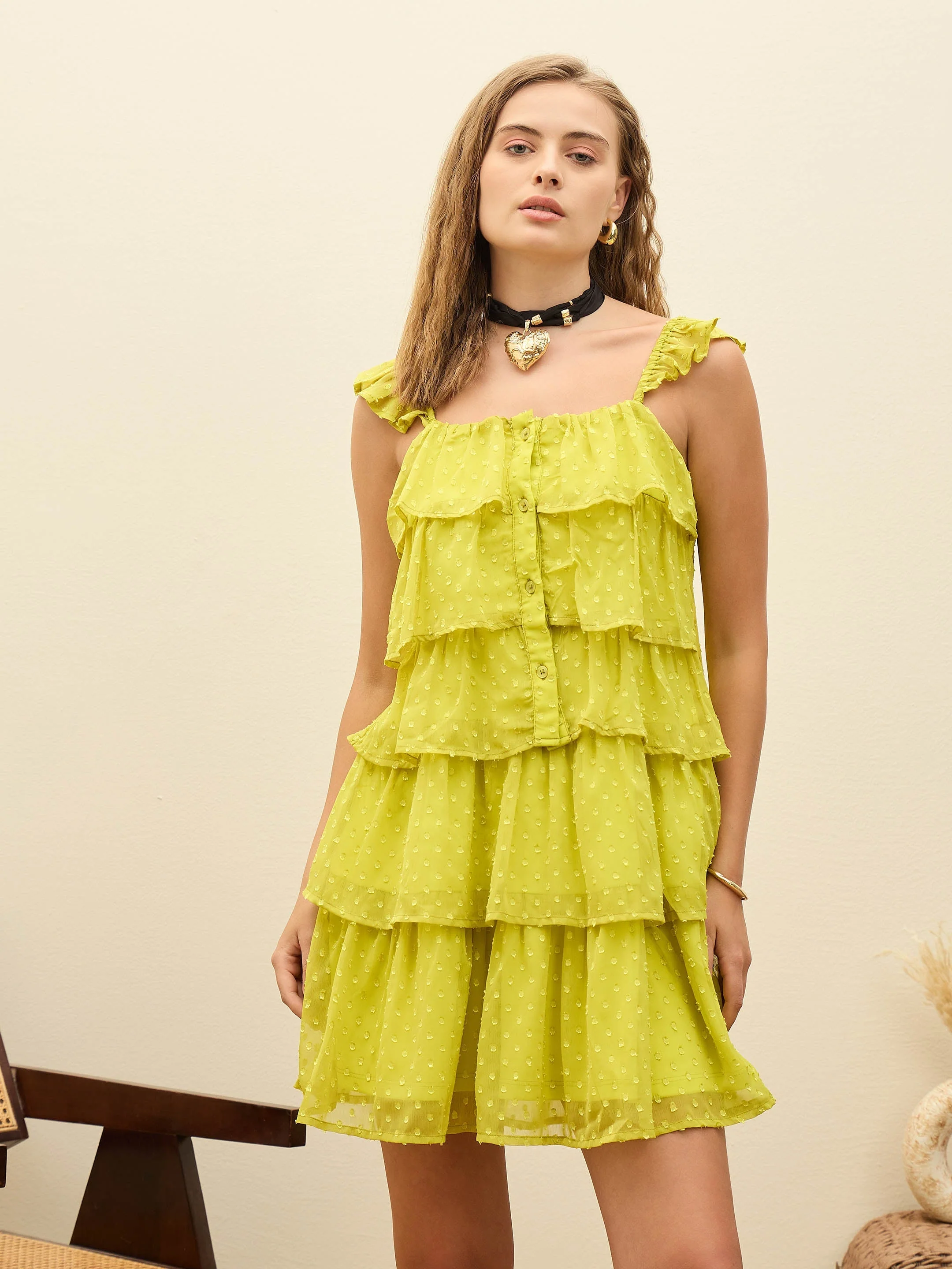 Women Green Dobby Ruffle Short Dress - Image 6