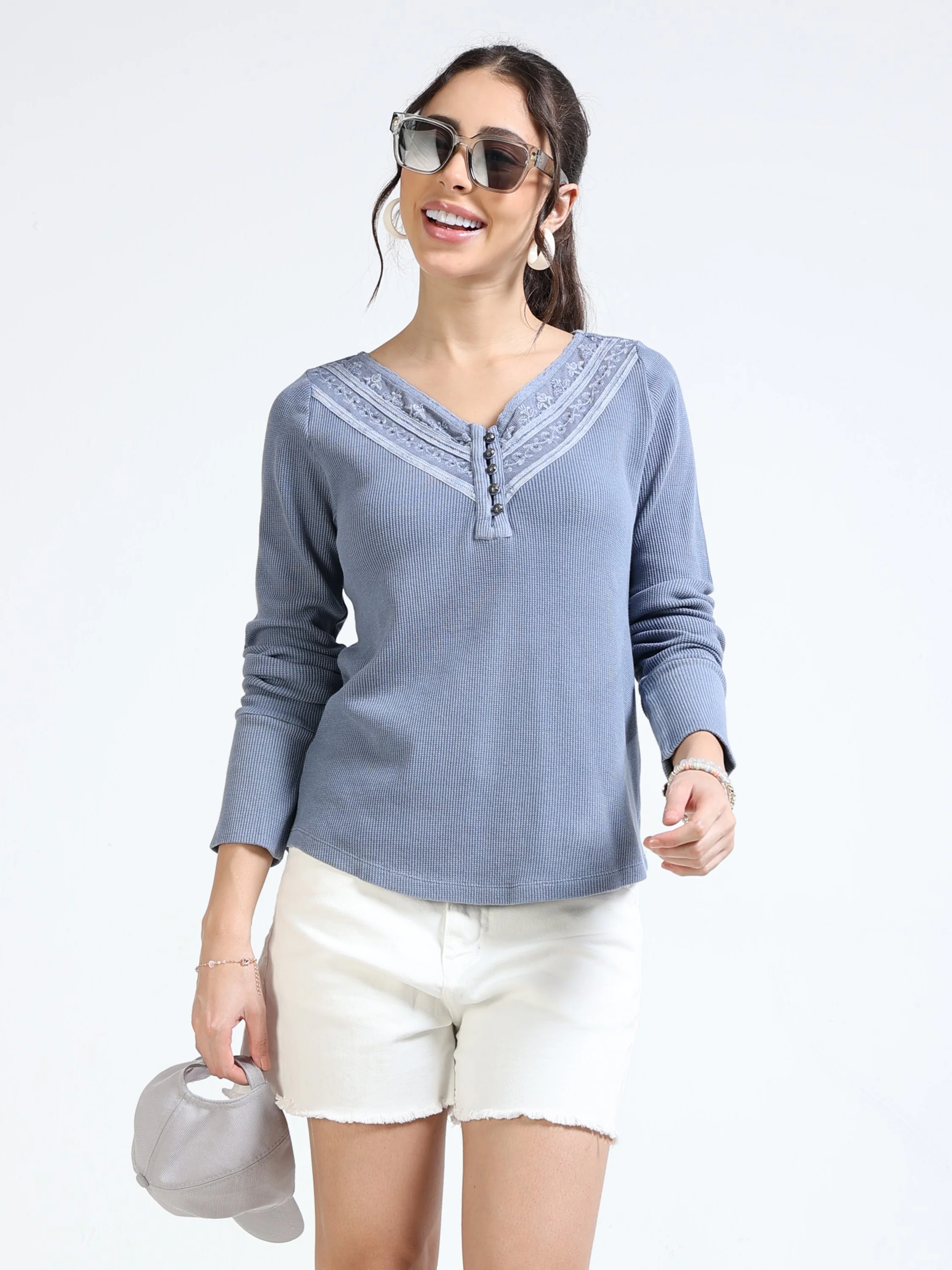 Women Blue Washed Work Top - Image 2