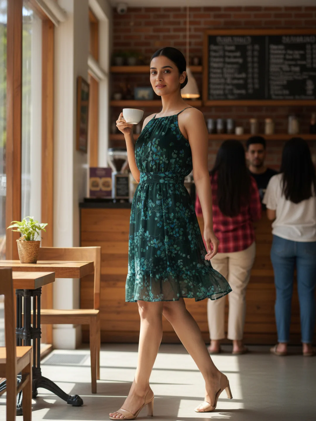Women Floral Chiffon Tie-Up Midi Dress - Image 3