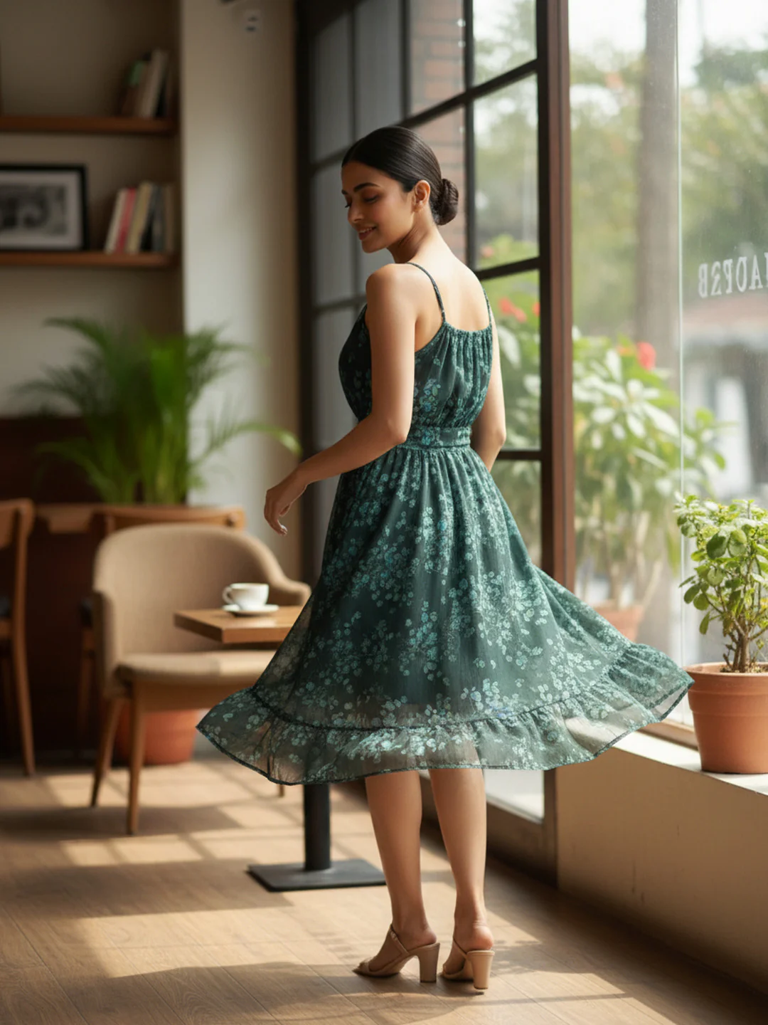Women Floral Chiffon Tie-Up Midi Dress - Image 5