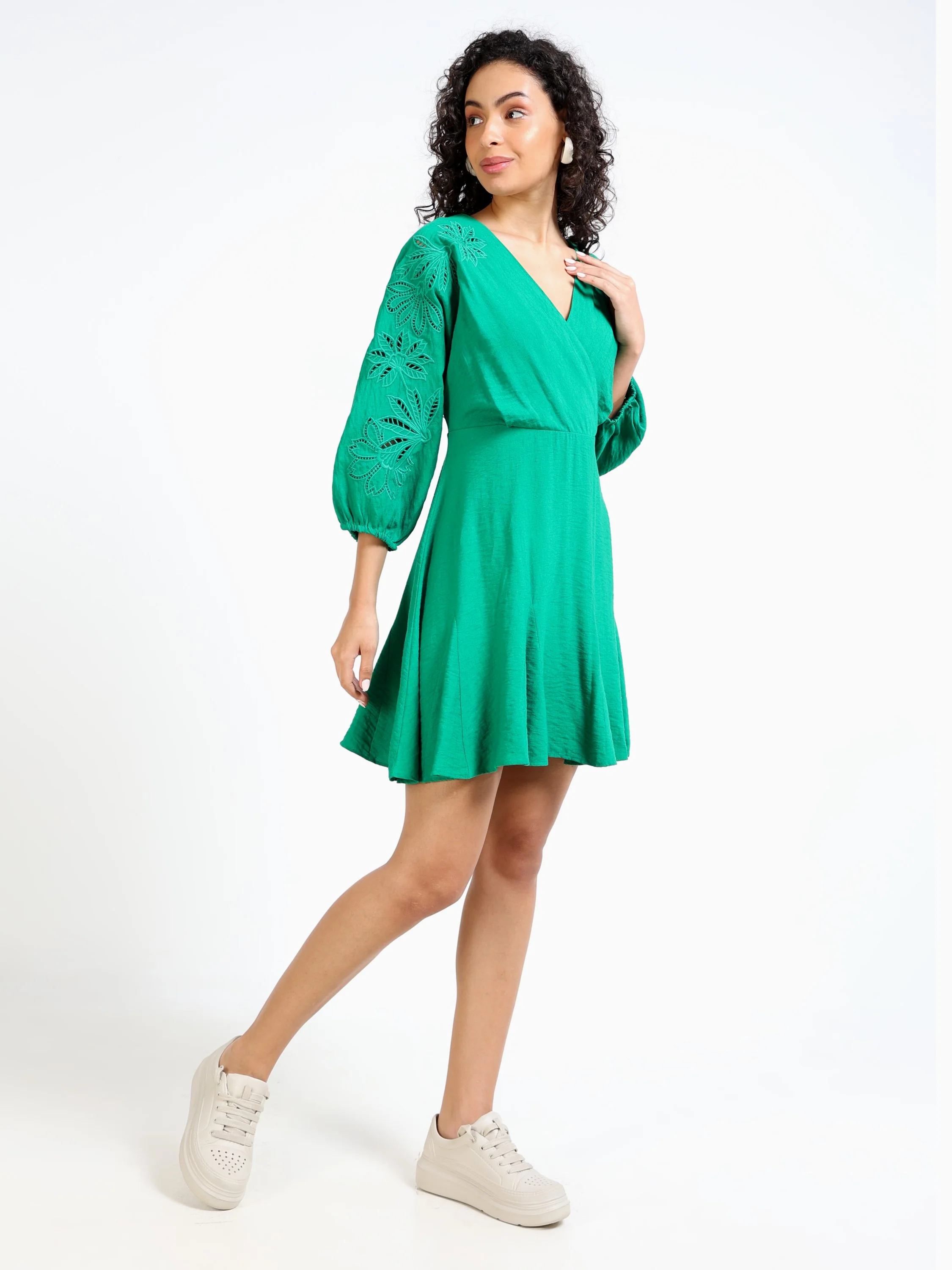 Women Green Faux Wrap Dress - Image 2
