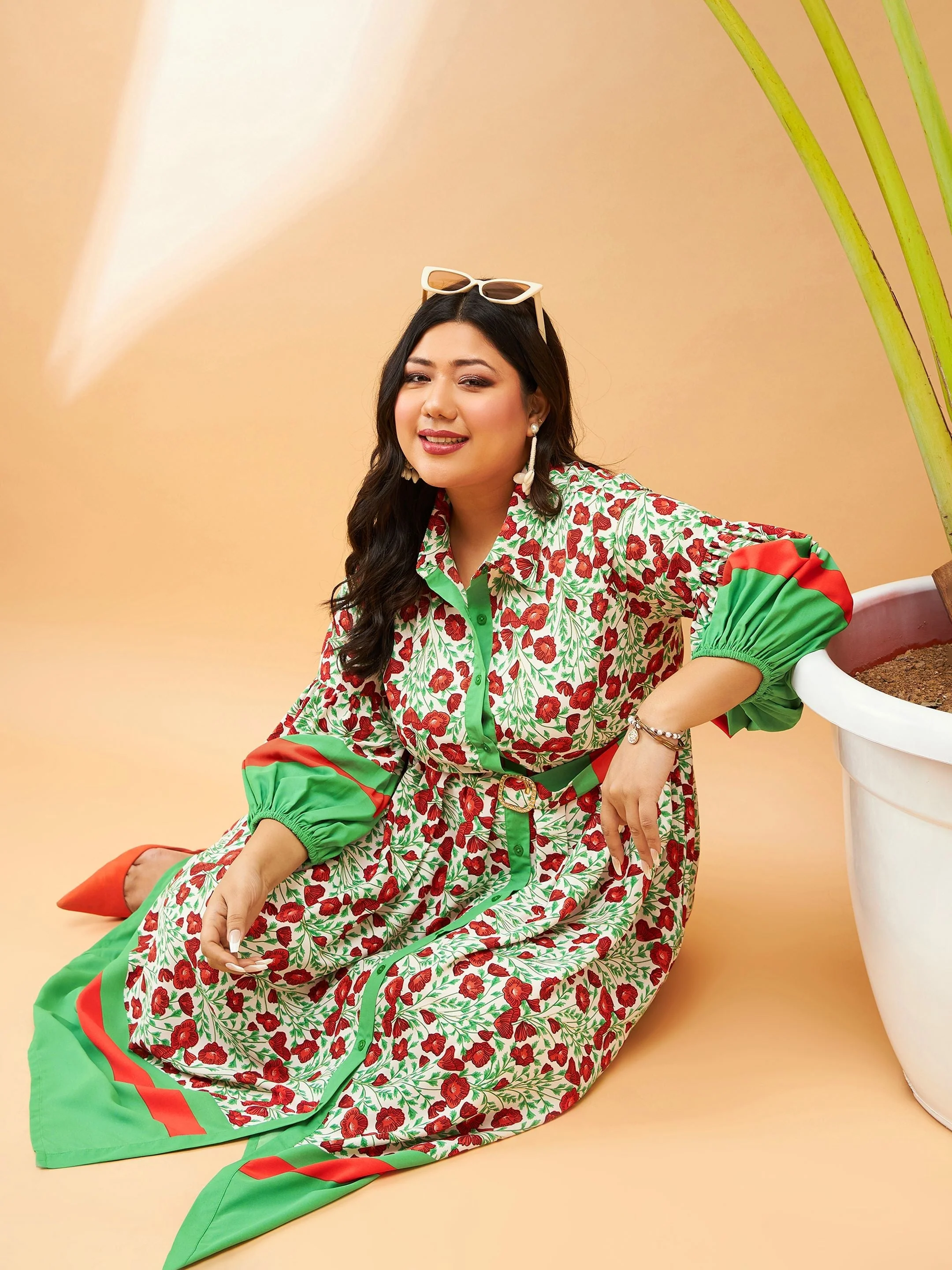 Women Green Floral Belted Midi Shirt Dress - Image 2