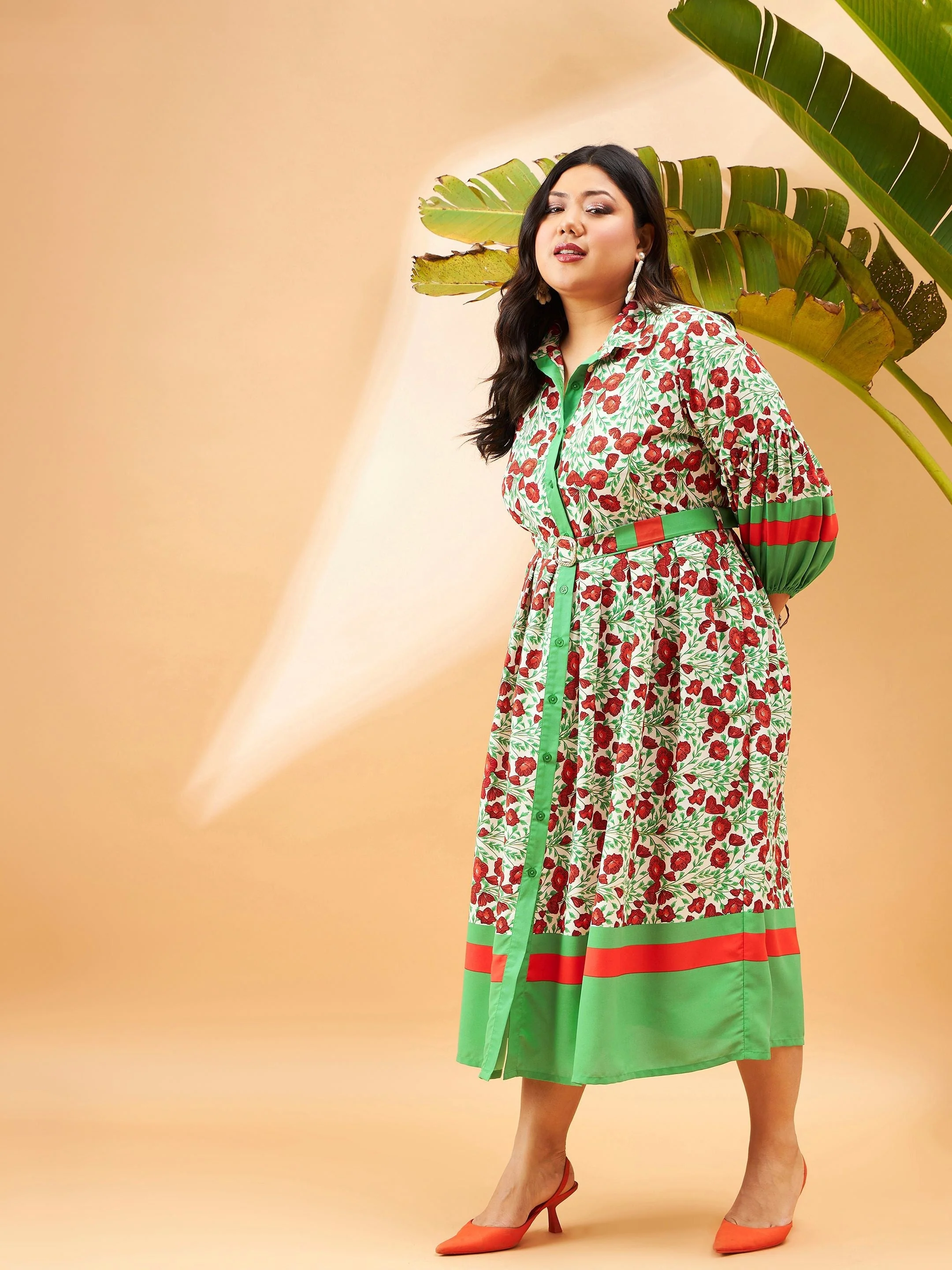 Women Green Floral Belted Midi Shirt Dress - Image 3