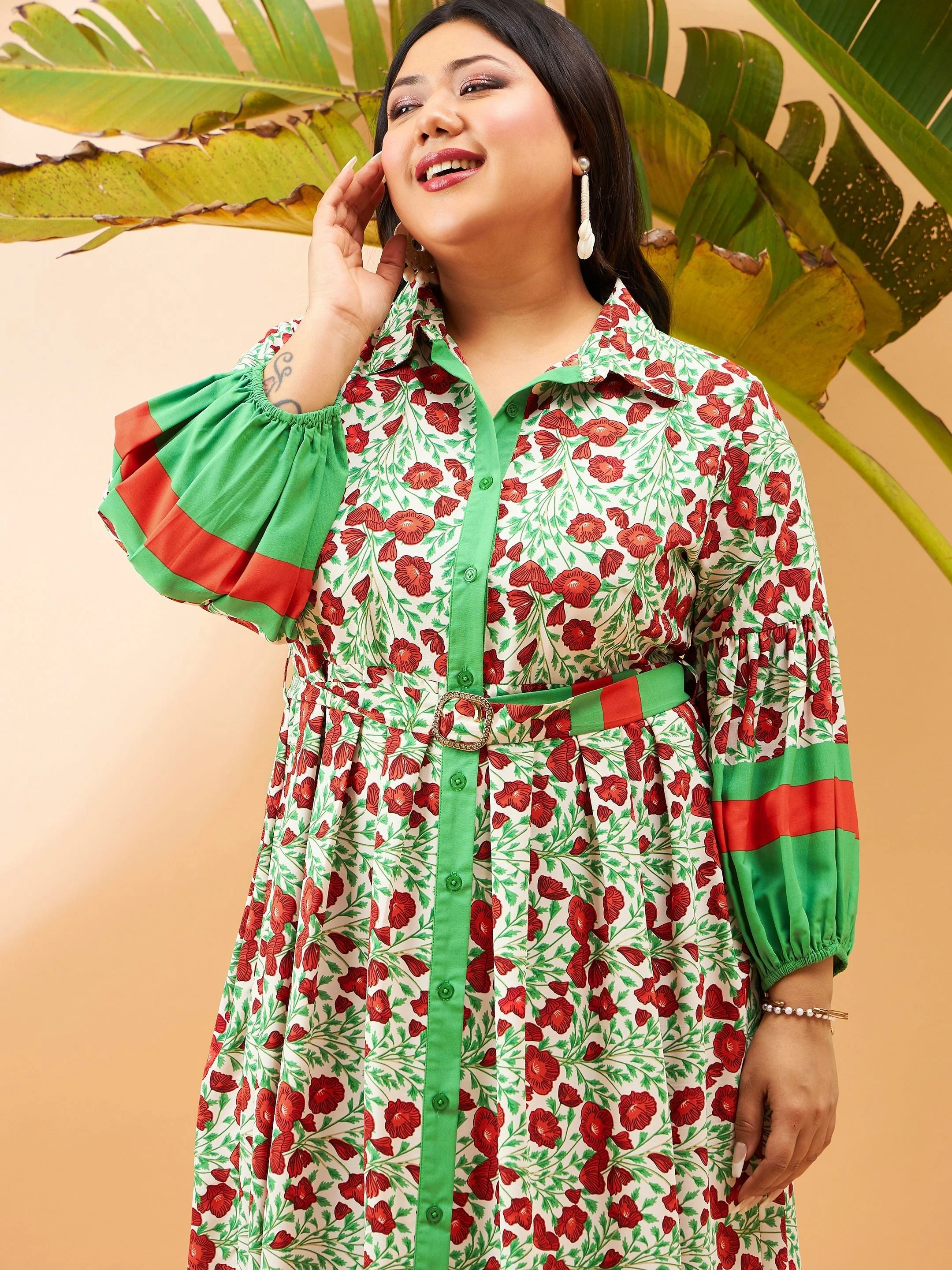 Women Green Floral Belted Midi Shirt Dress - Image 4