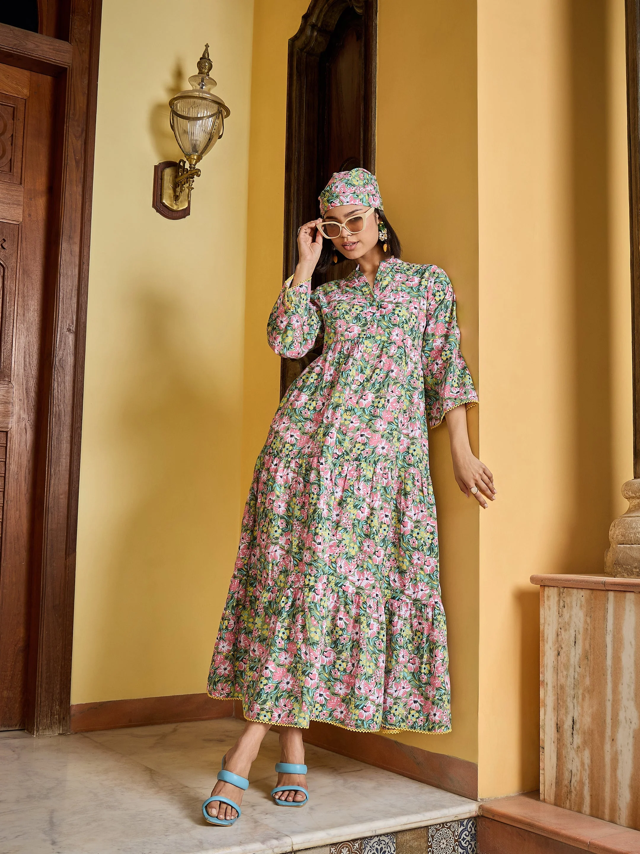 Women Green Floral Button Down Tiered Maxi Dress - Image 2