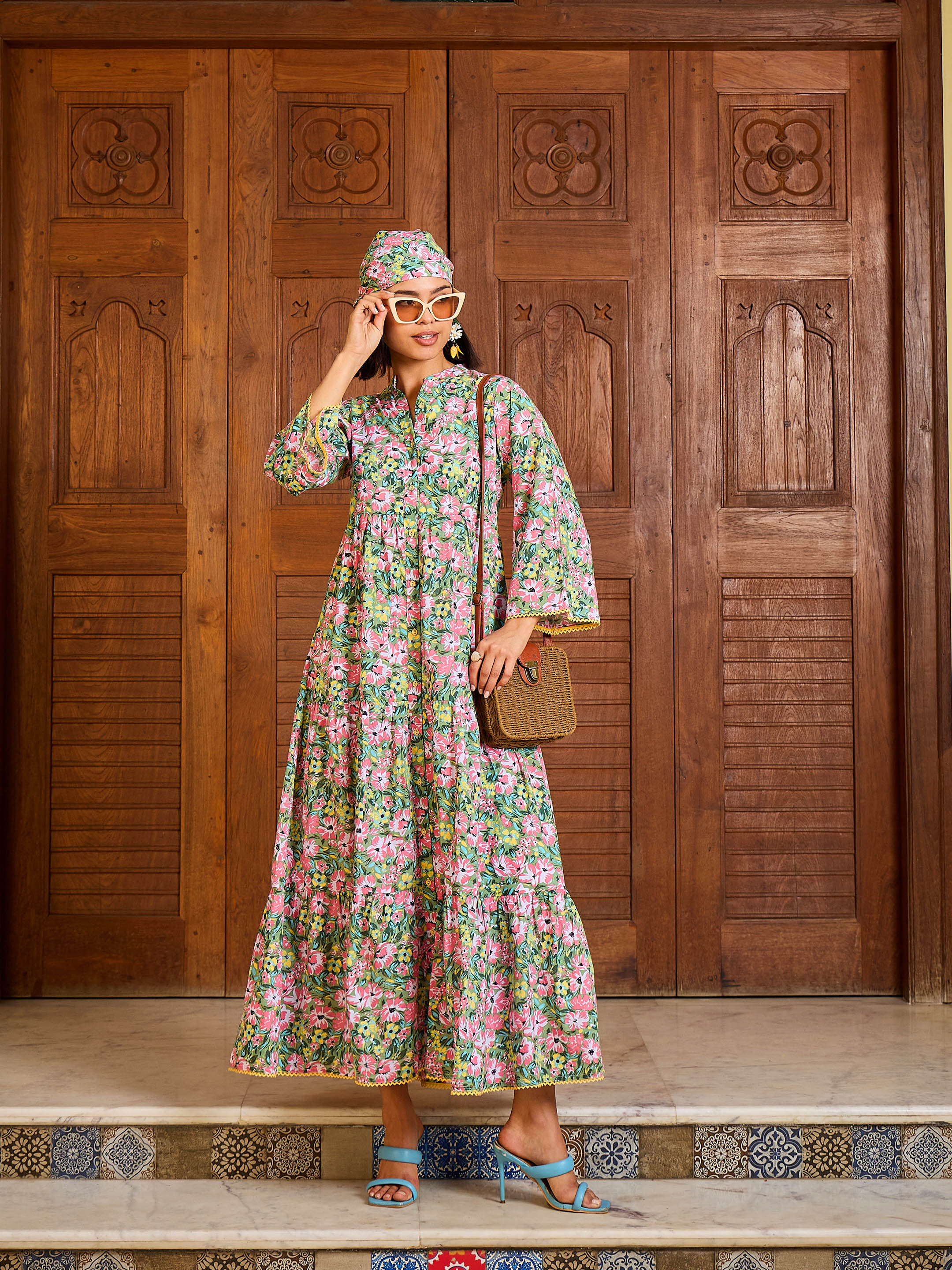 Women Green Floral Button Down Tiered Maxi Dress - Image 3