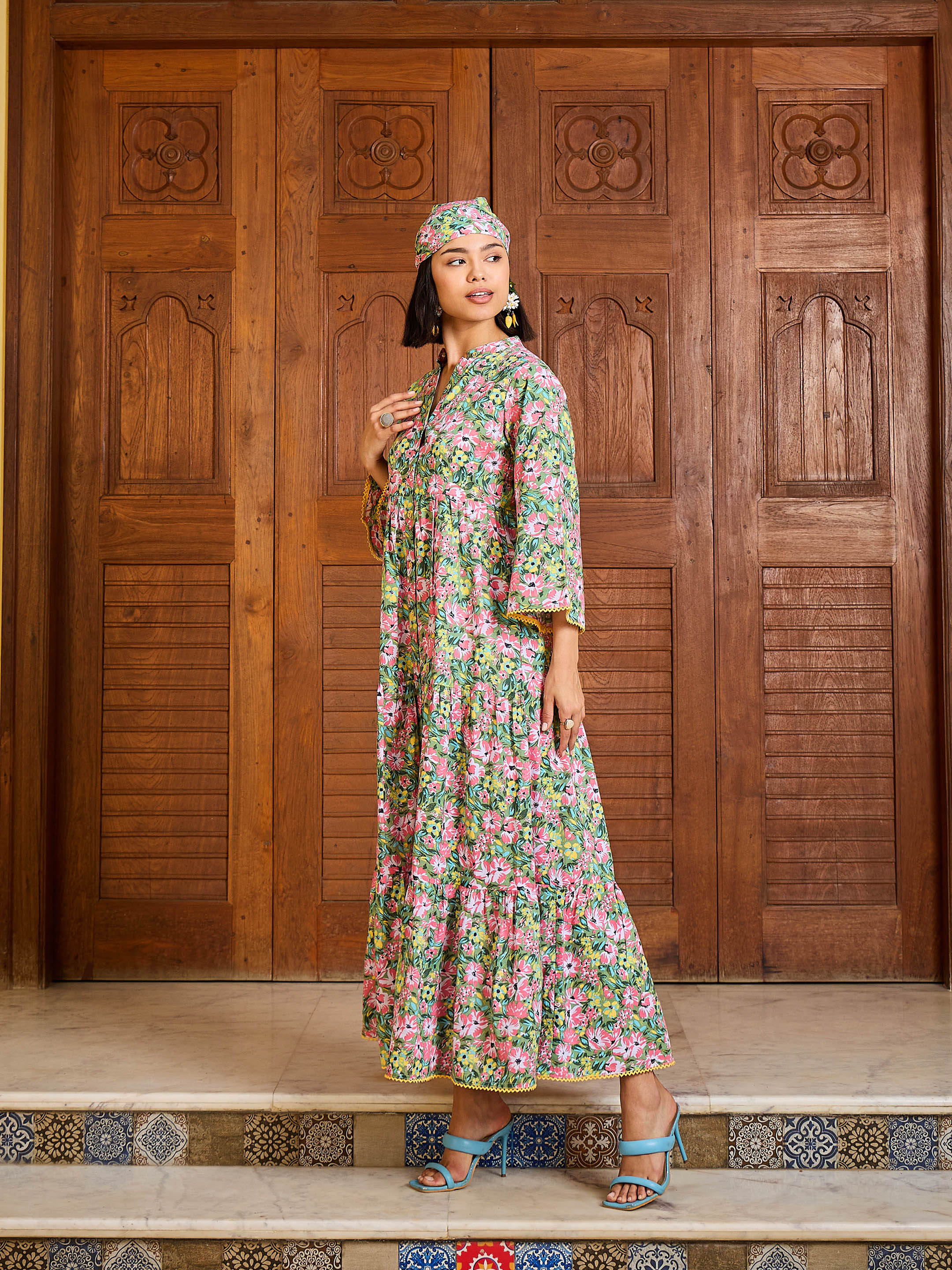 Women Green Floral Button Down Tiered Maxi Dress - Image 4
