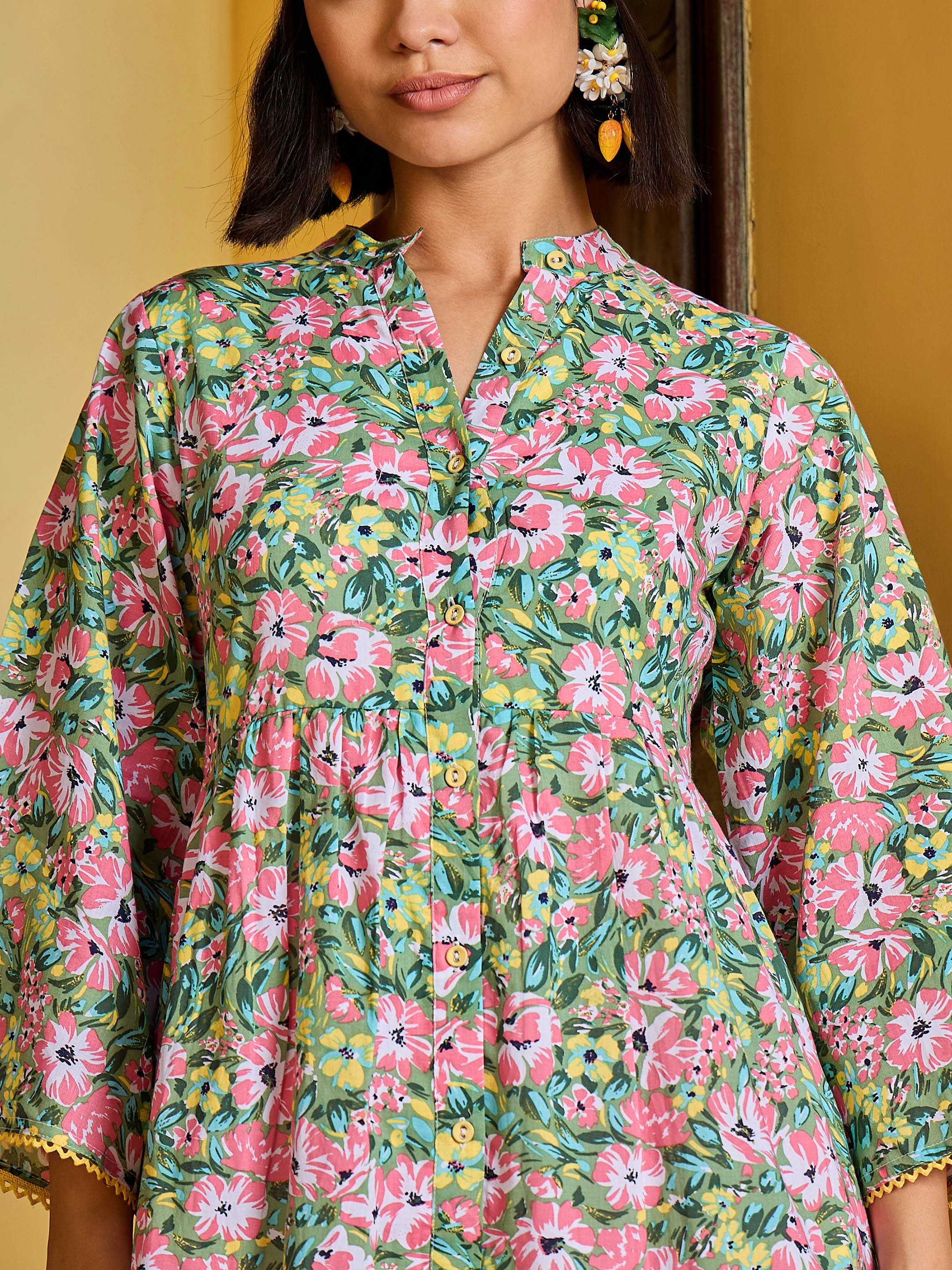 Women Green Floral Button Down Tiered Maxi Dress - Image 5