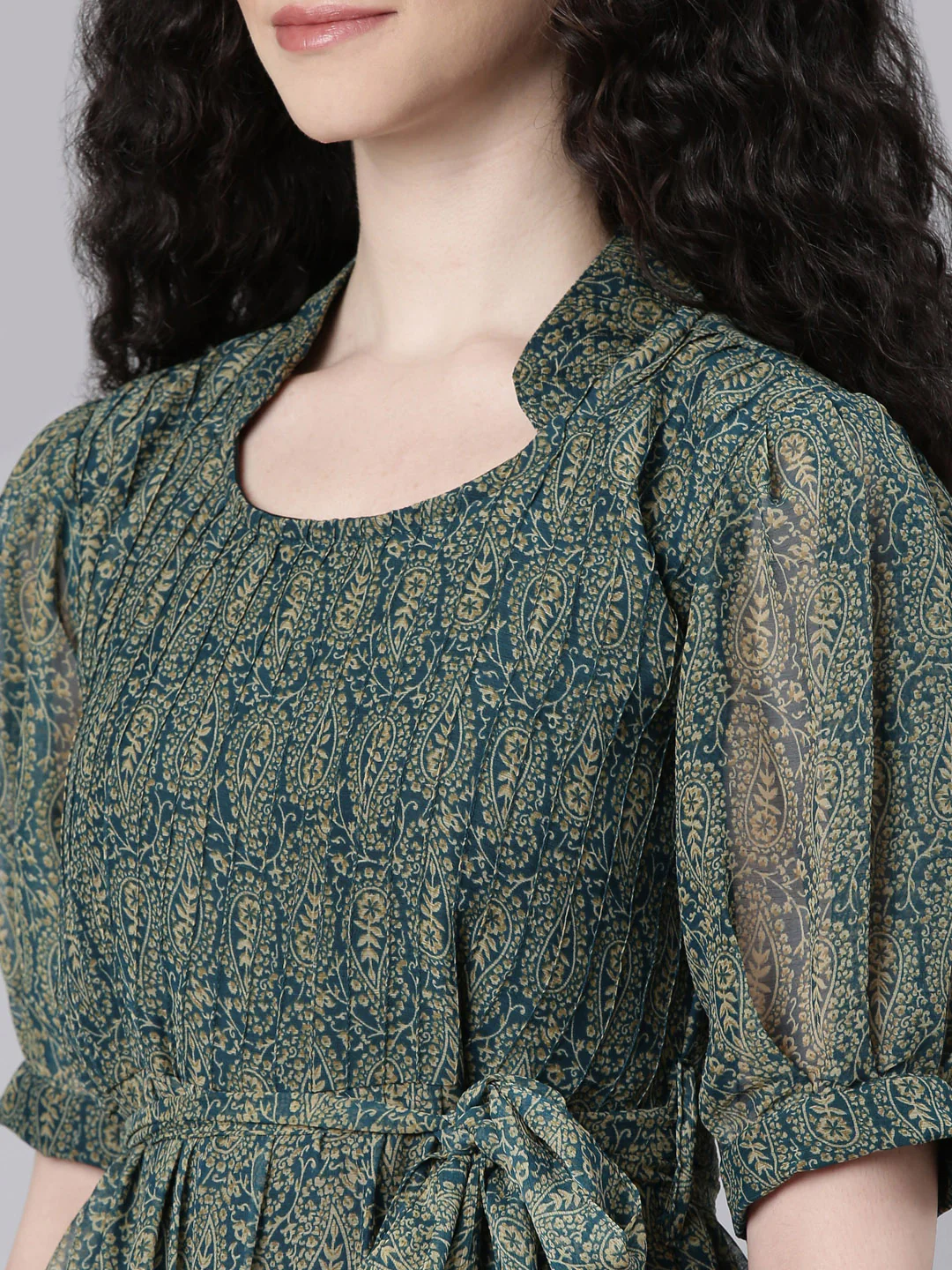 Women Green Floral Chiffon Dress - Image 3