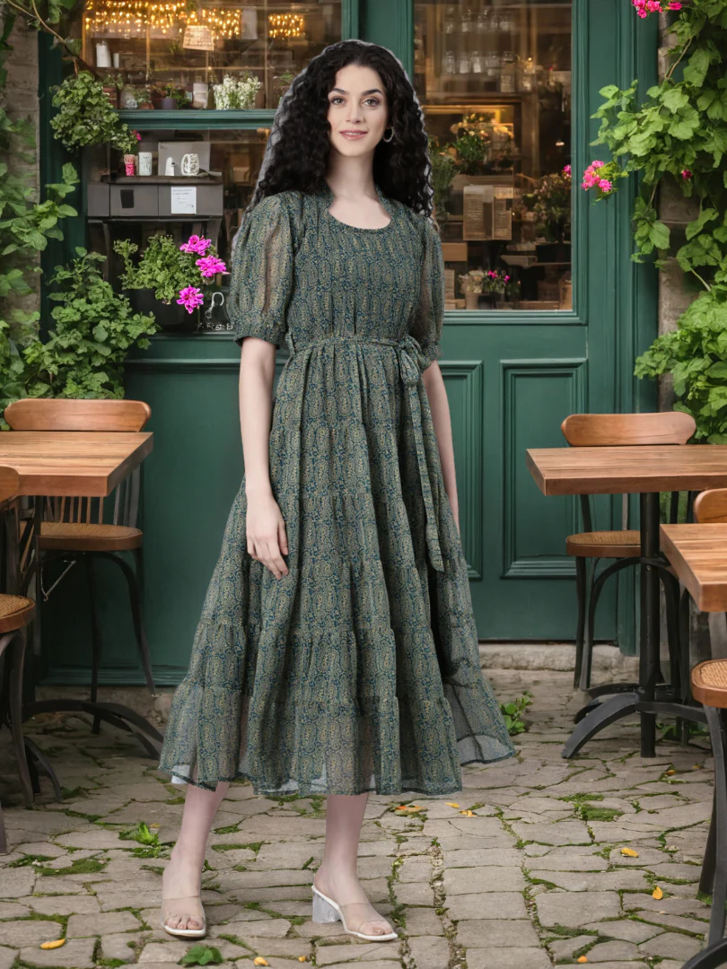 Women Green Floral Chiffon Dress - Image 5
