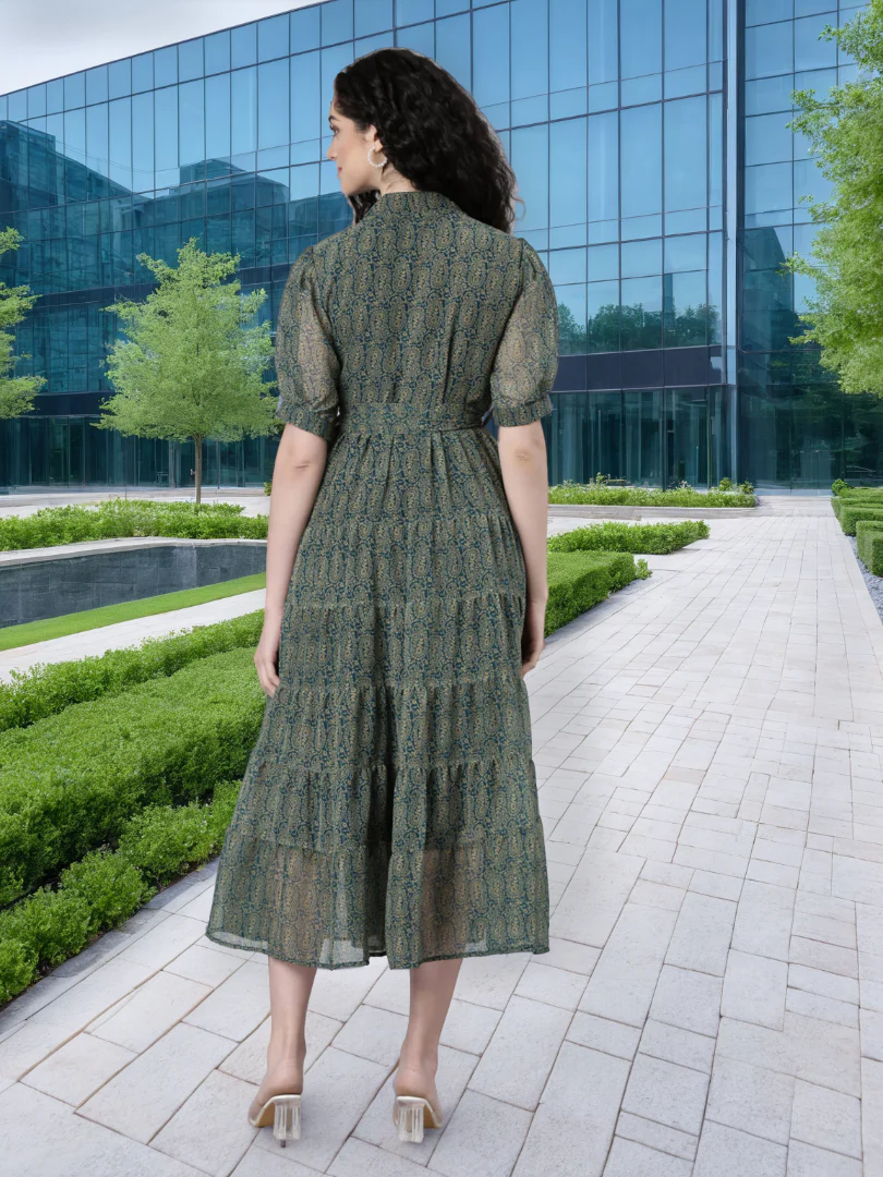 Women Green Floral Chiffon Dress - Image 6
