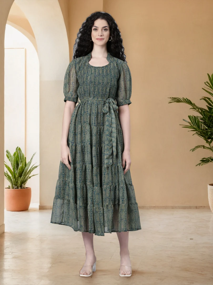 Women Green Floral Chiffon Dress - Image 7