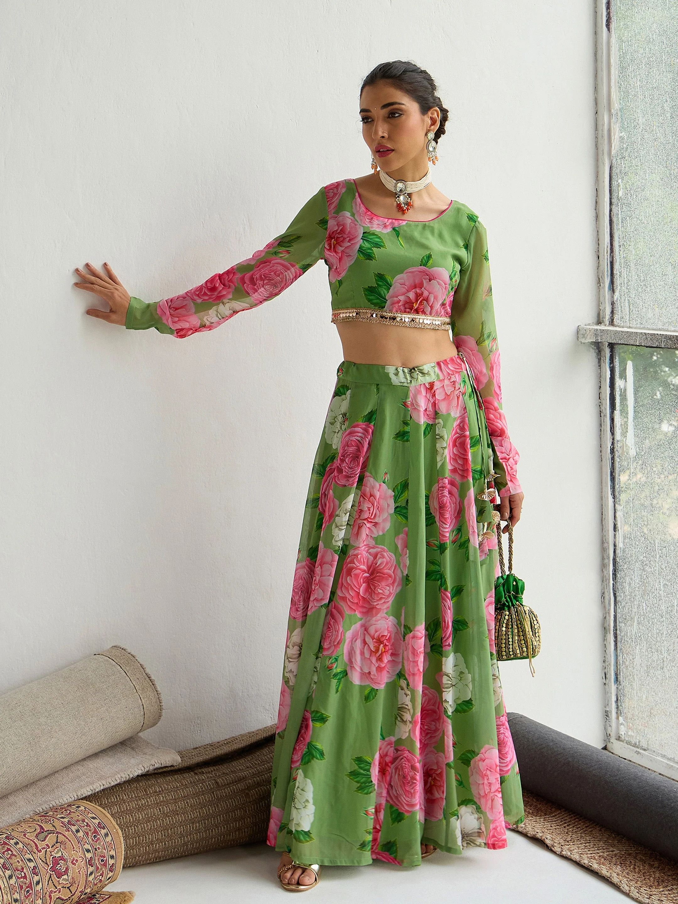 Women Green Floral Crop Top With Anarkali Skirt - Image 2