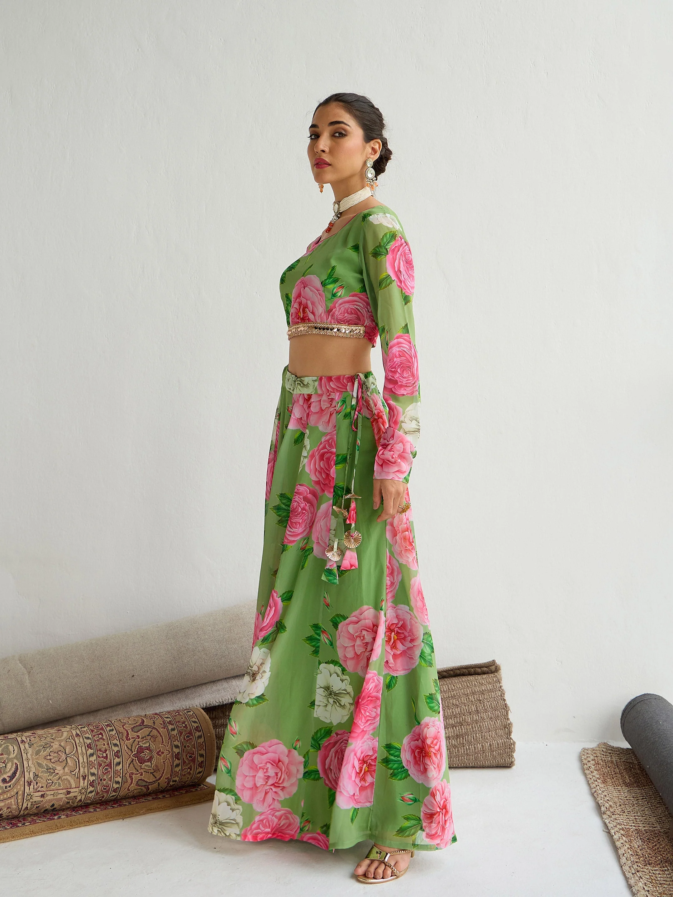 Women Green Floral Crop Top With Anarkali Skirt - Image 3