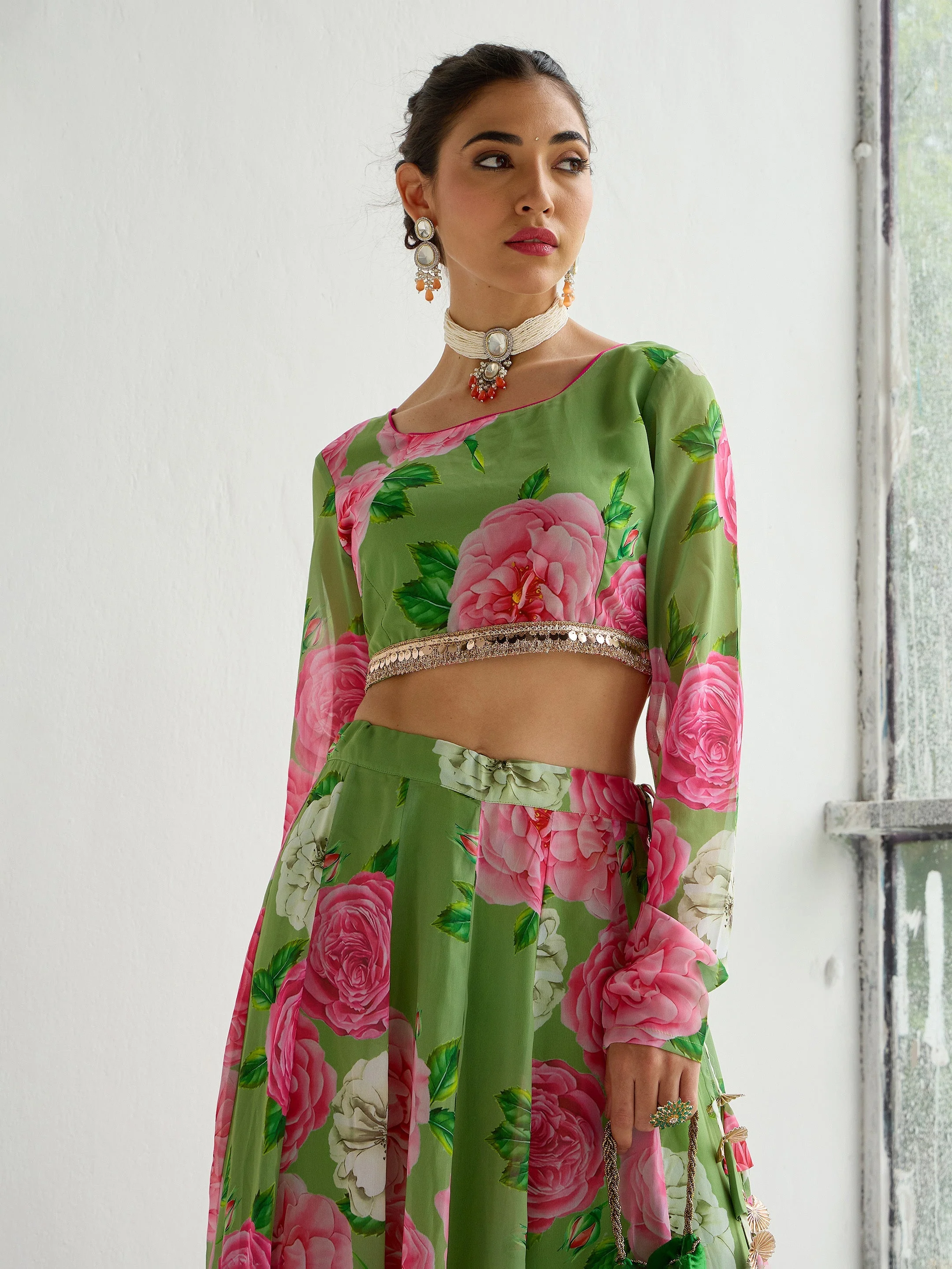 Women Green Floral Crop Top With Anarkali Skirt - Image 4