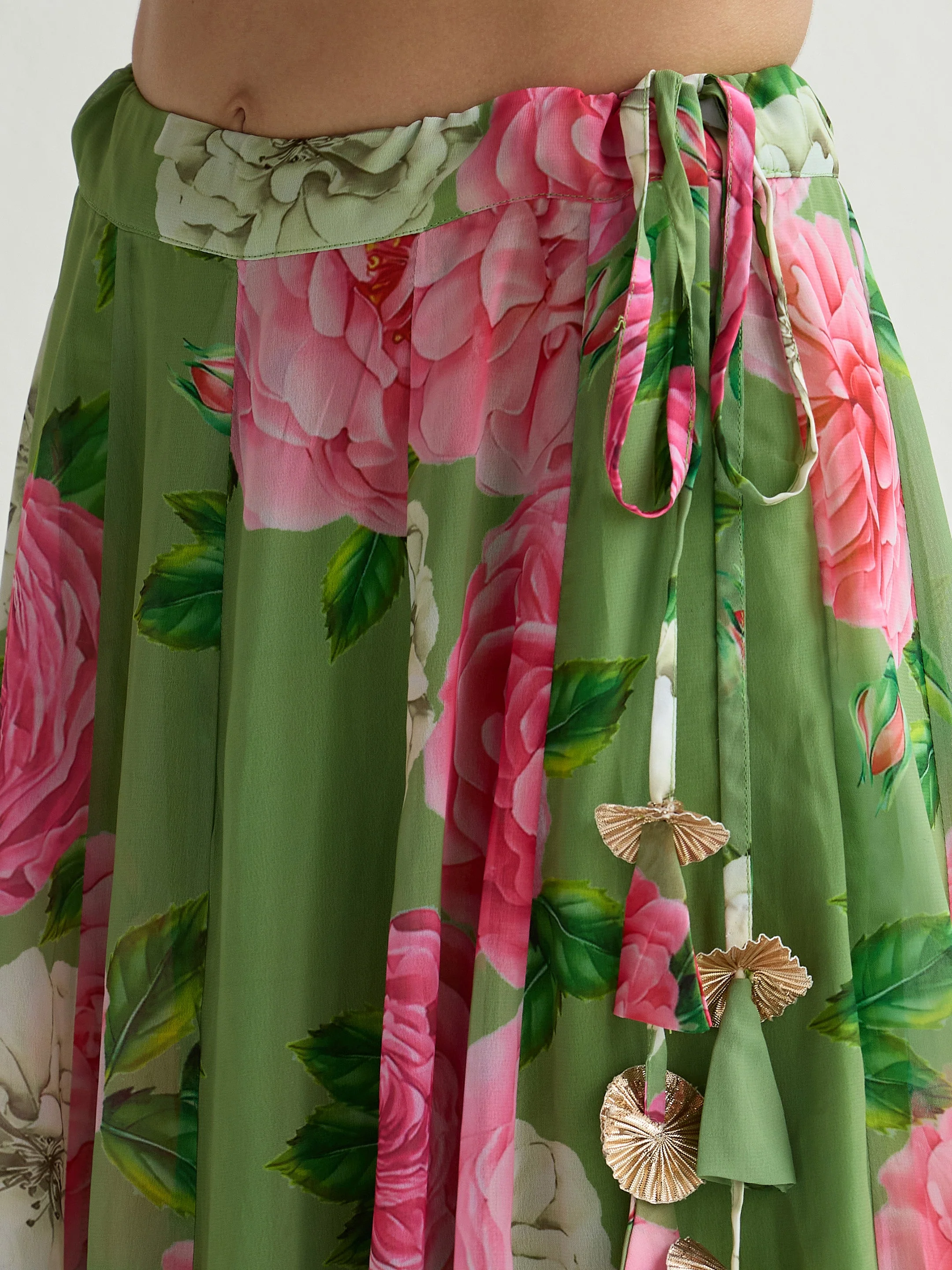 Women Green Floral Crop Top With Anarkali Skirt - Image 5