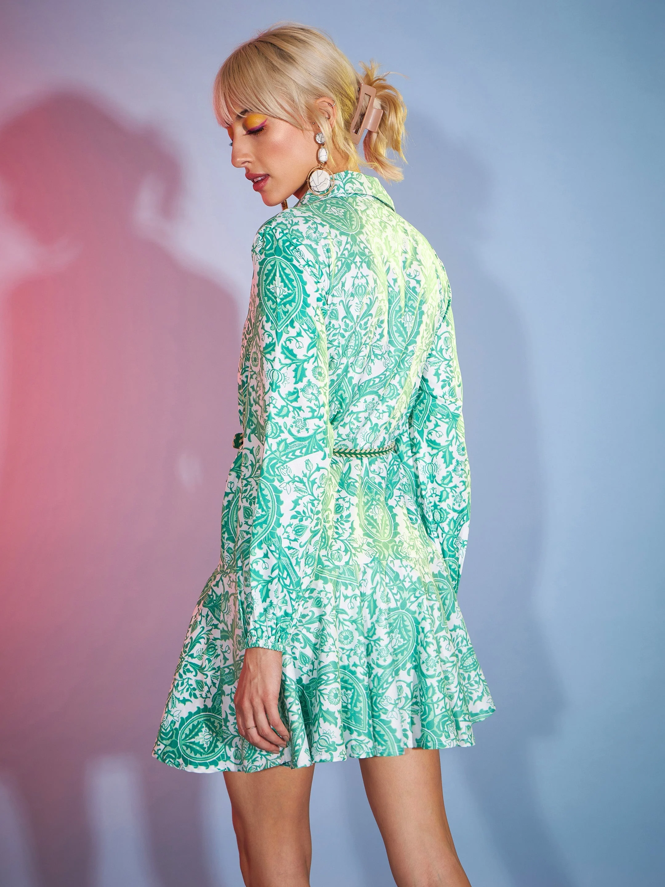 Women Green Floral Flared Skater Dress - Image 5