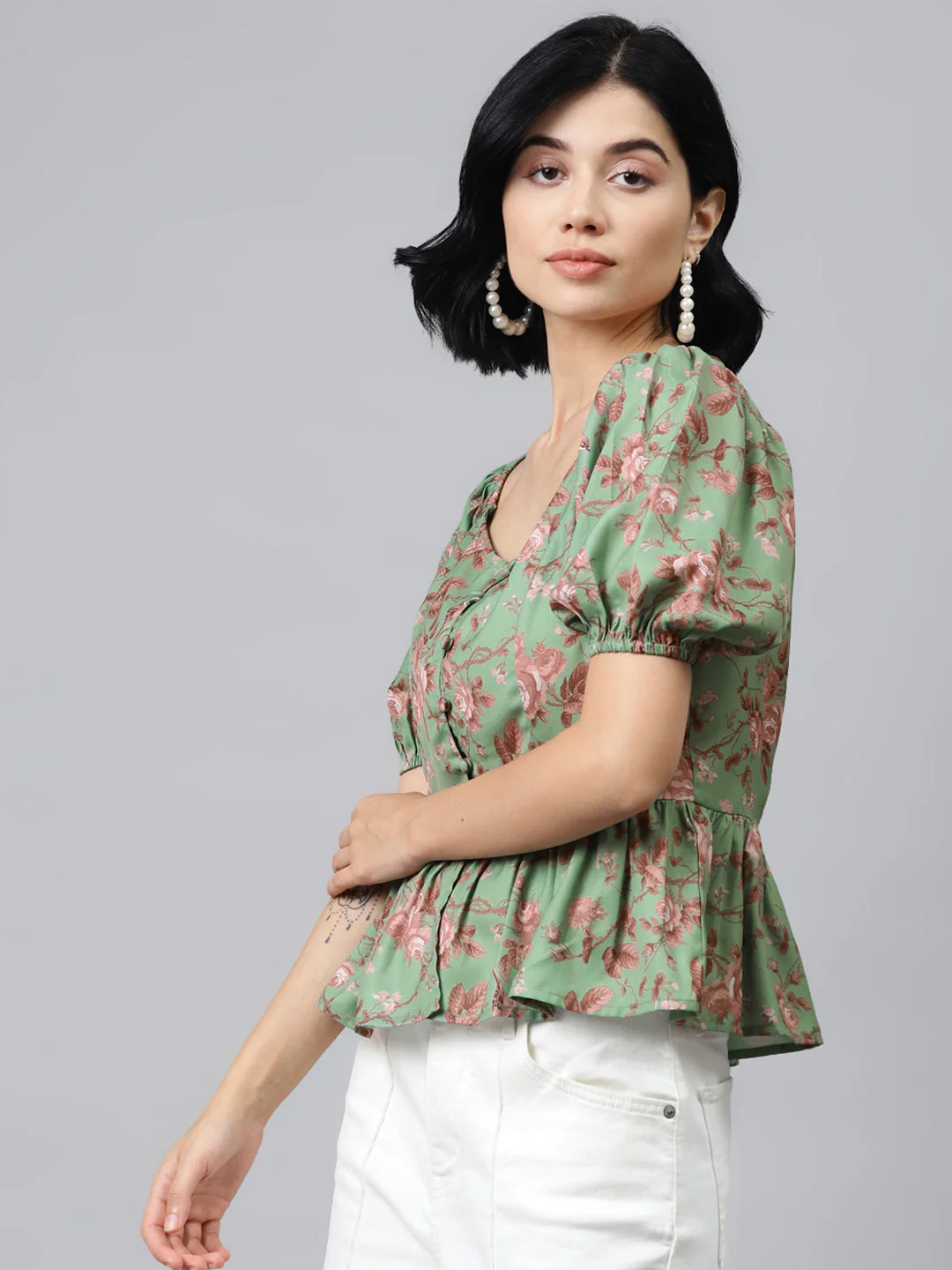 Women Green Floral Front Button Peplum Top - Image 2