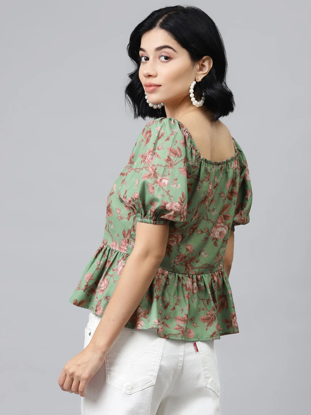 Women Green Floral Front Button Peplum Top - Image 3
