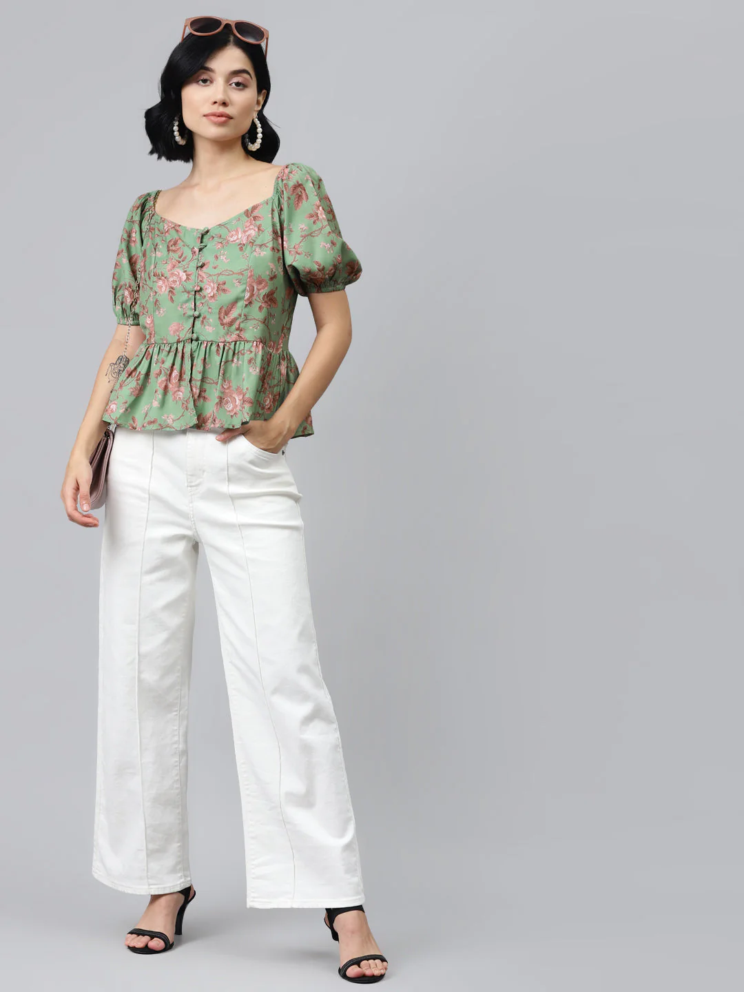 Women Green Floral Front Button Peplum Top - Image 4