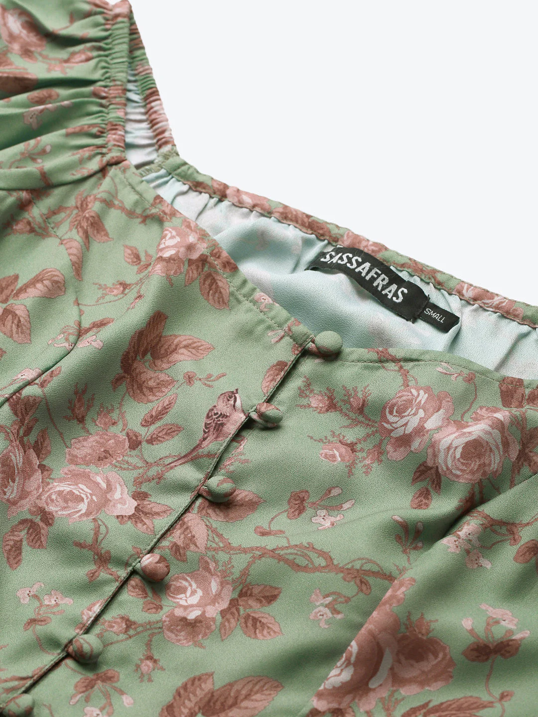 Women Green Floral Front Button Peplum Top - Image 5