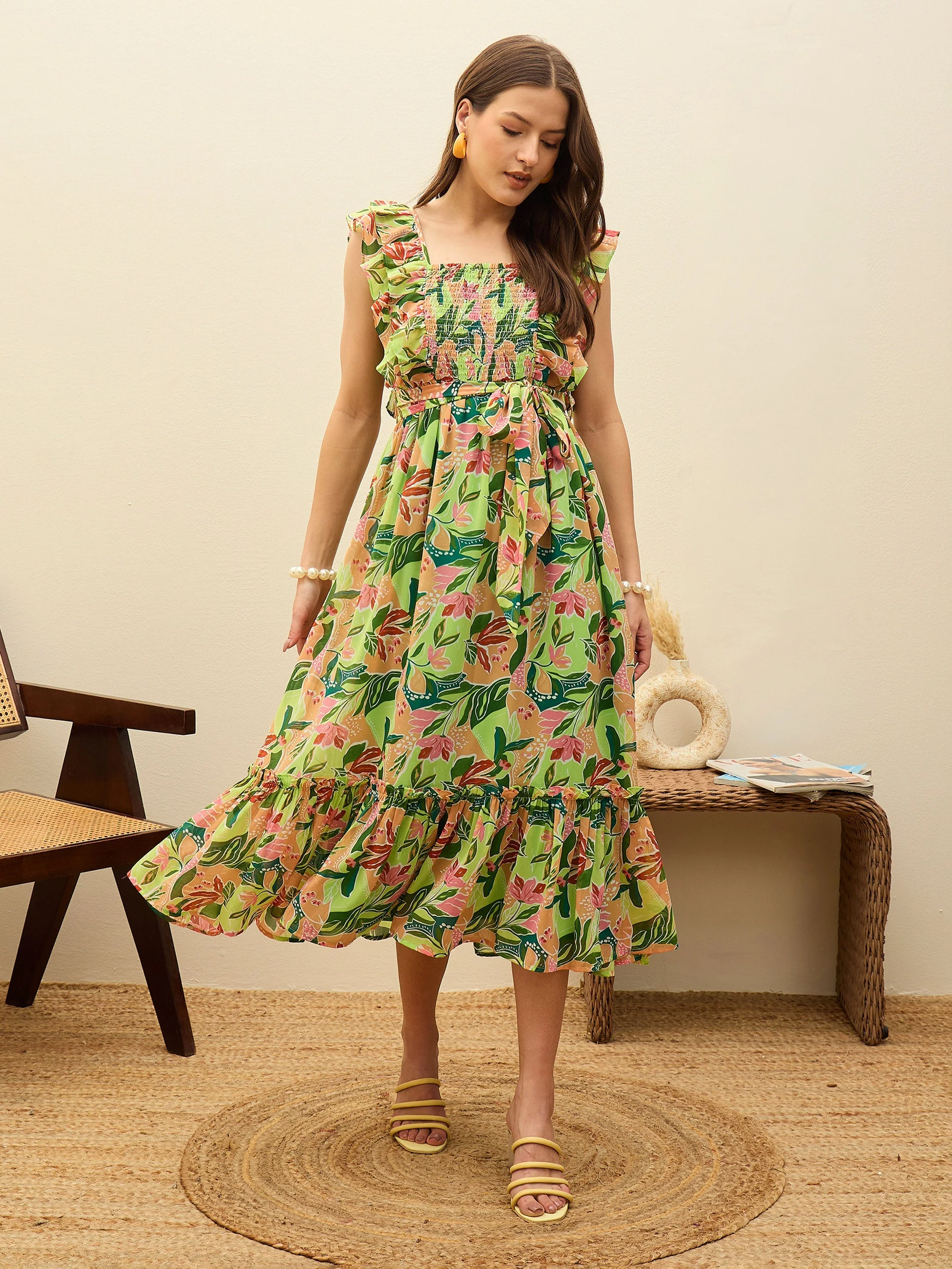 Women Green Floral Smocked Frill Midi Dress - Image 2