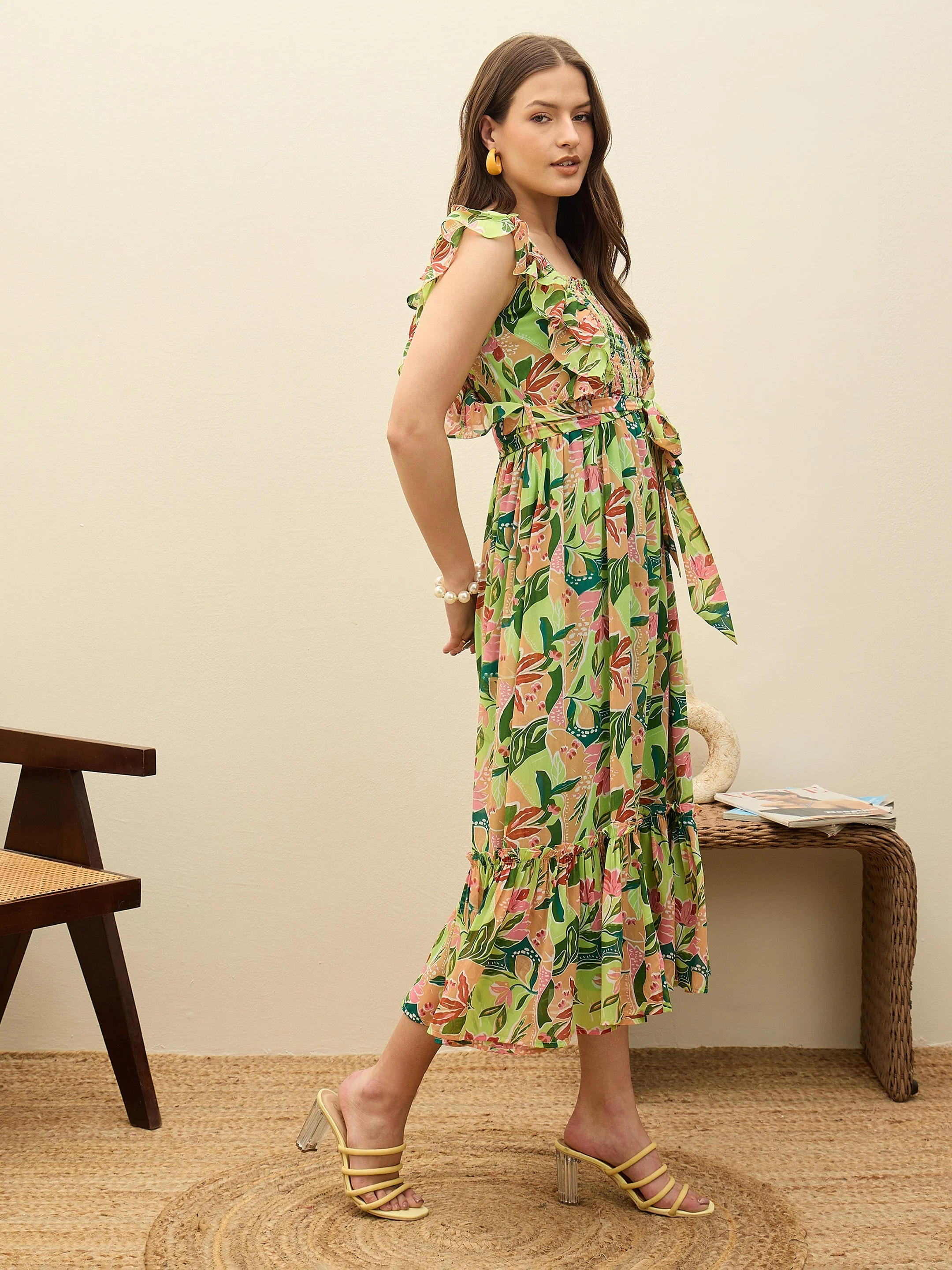 Women Green Floral Smocked Frill Midi Dress - Image 3