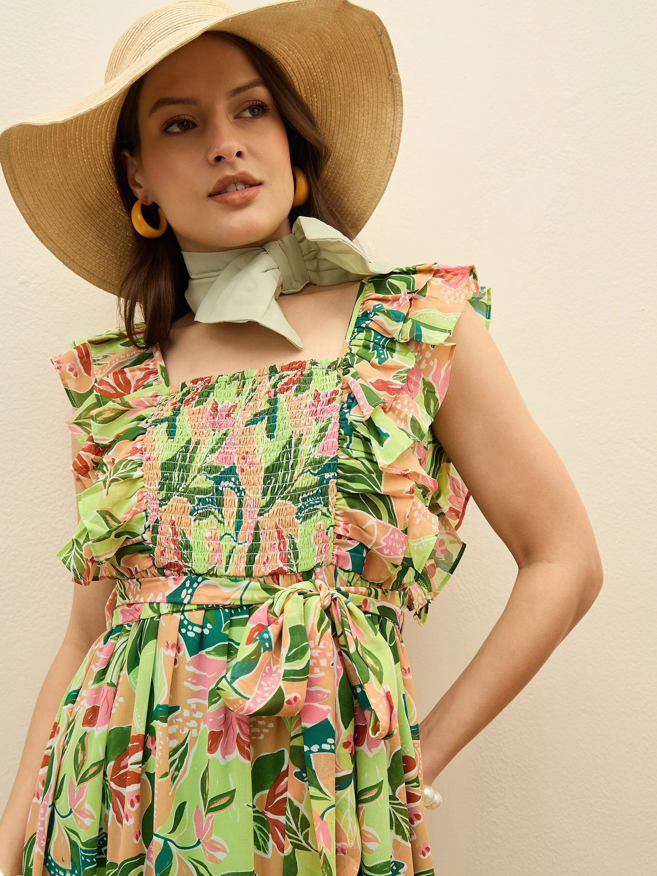 Women Green Floral Smocked Frill Midi Dress - Image 4