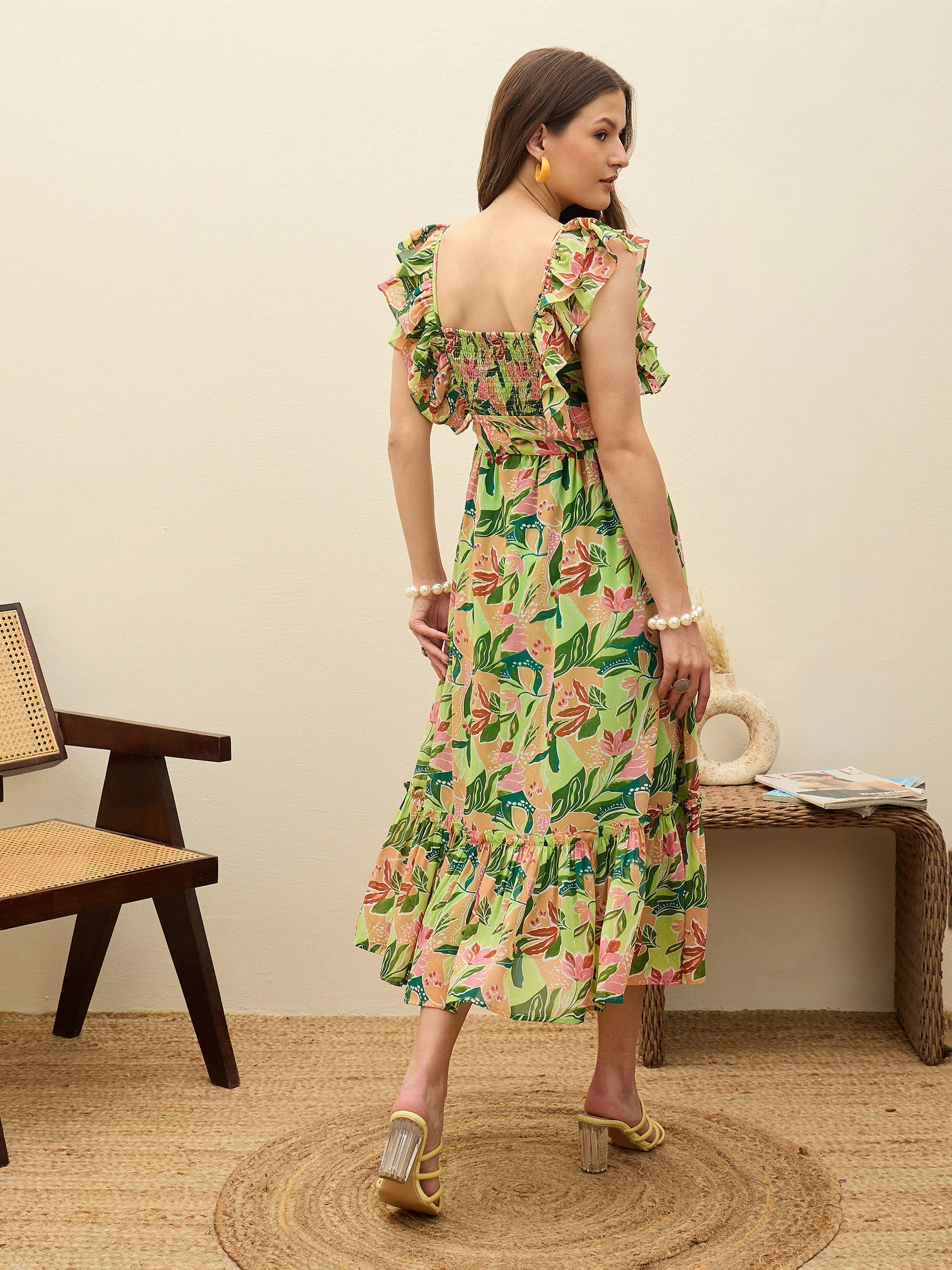 Women Green Floral Smocked Frill Midi Dress - Image 5