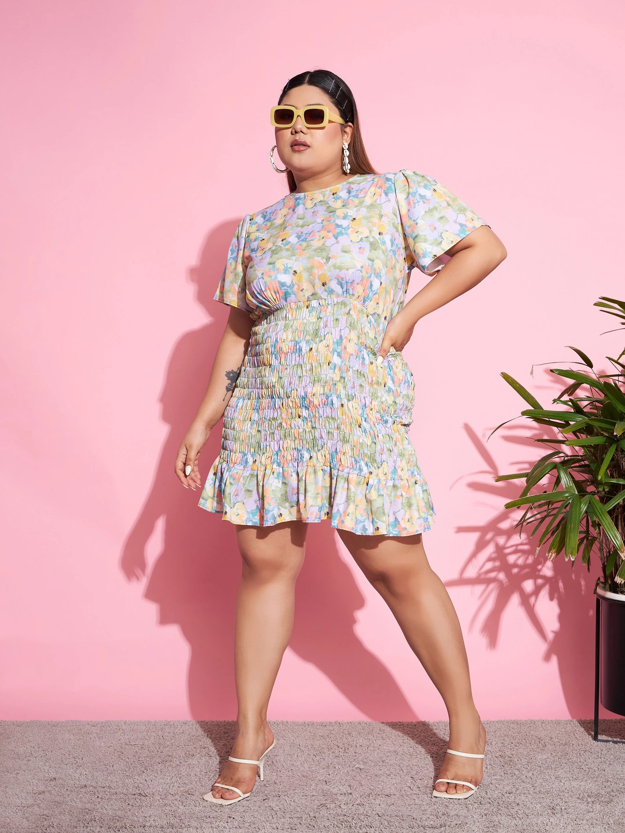Women Green Floral Smocked Short Dress - Image 2