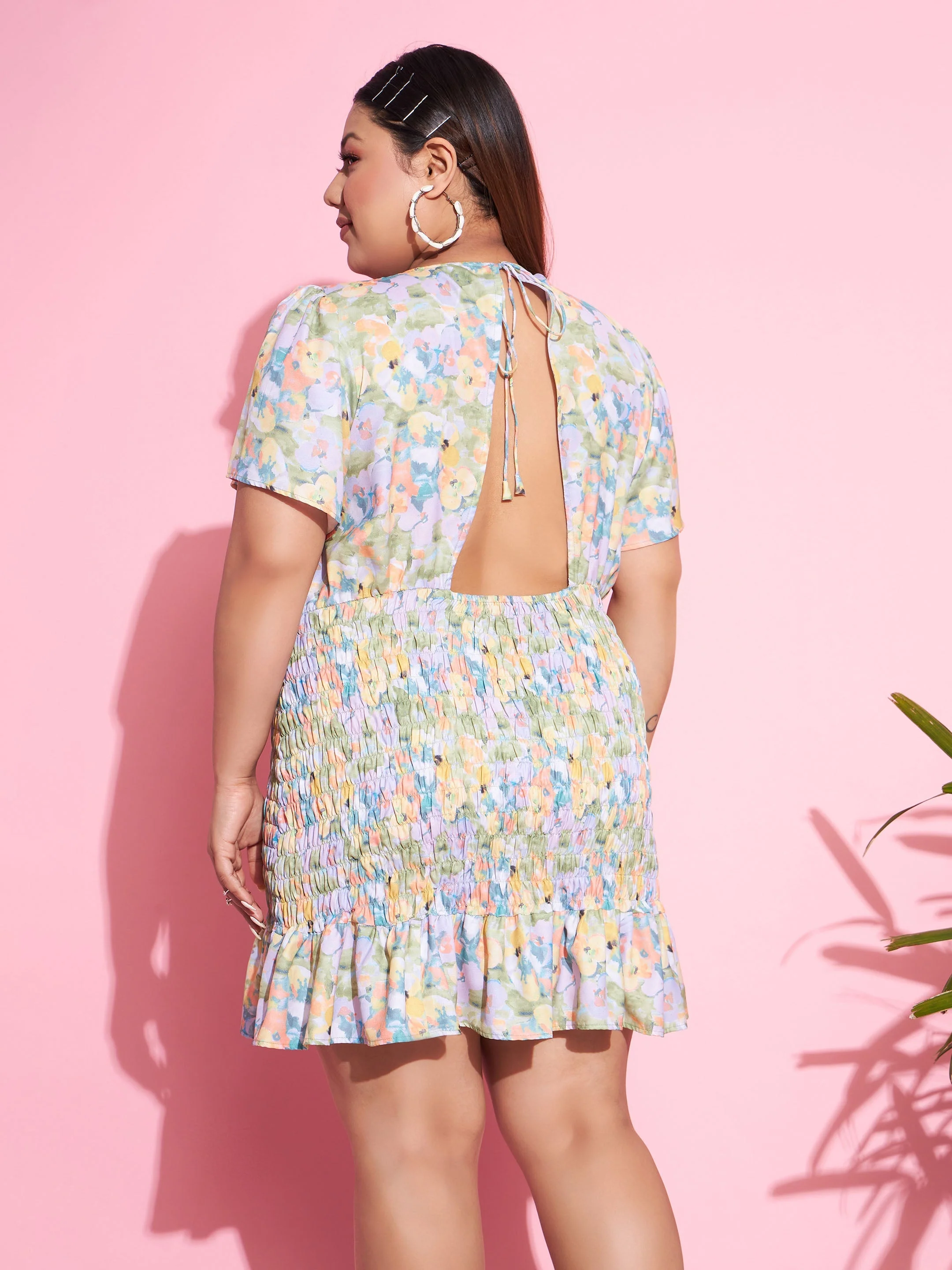 Women Green Floral Smocked Short Dress - Image 3