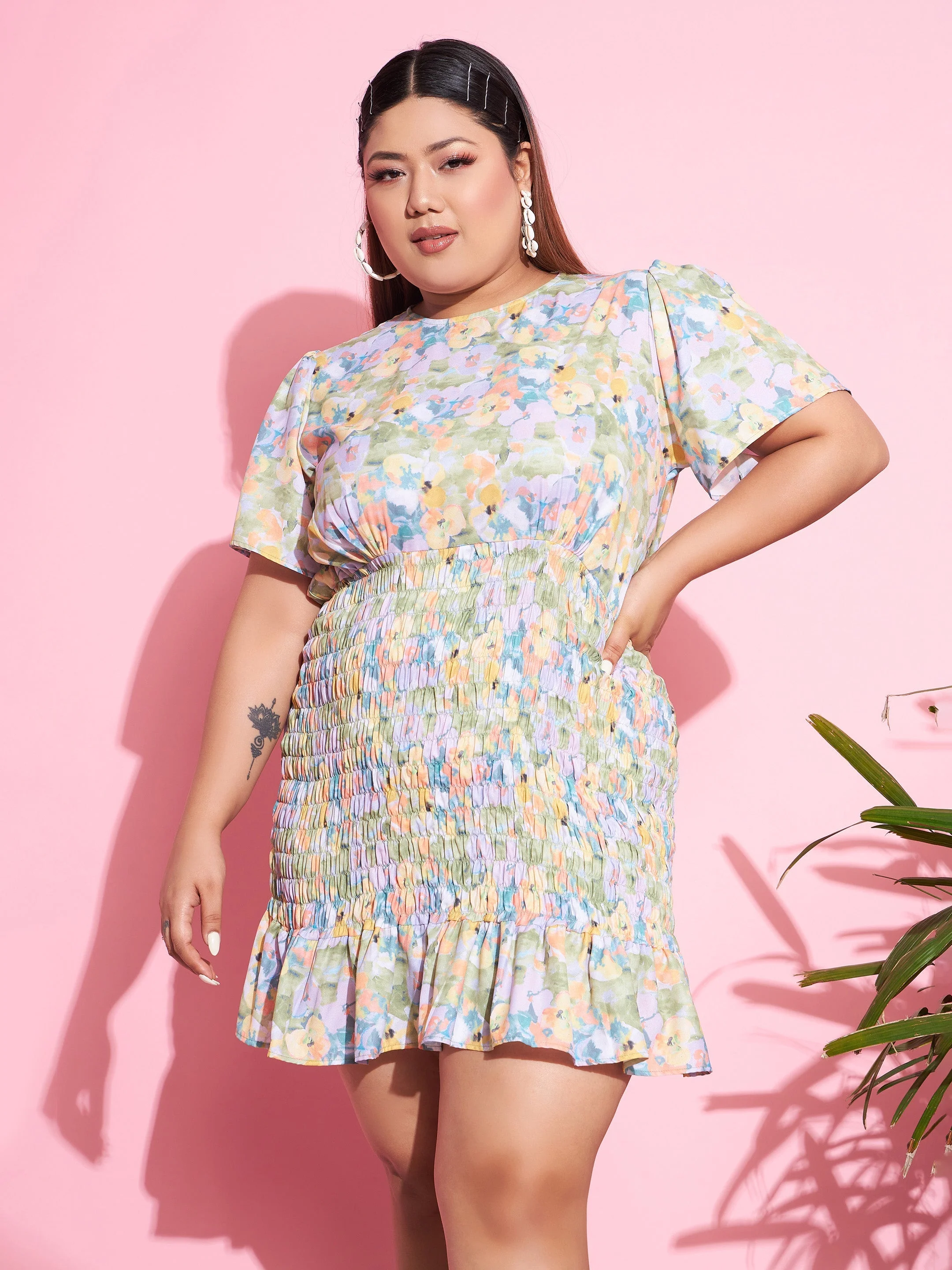 Women Green Floral Smocked Short Dress - Image 4