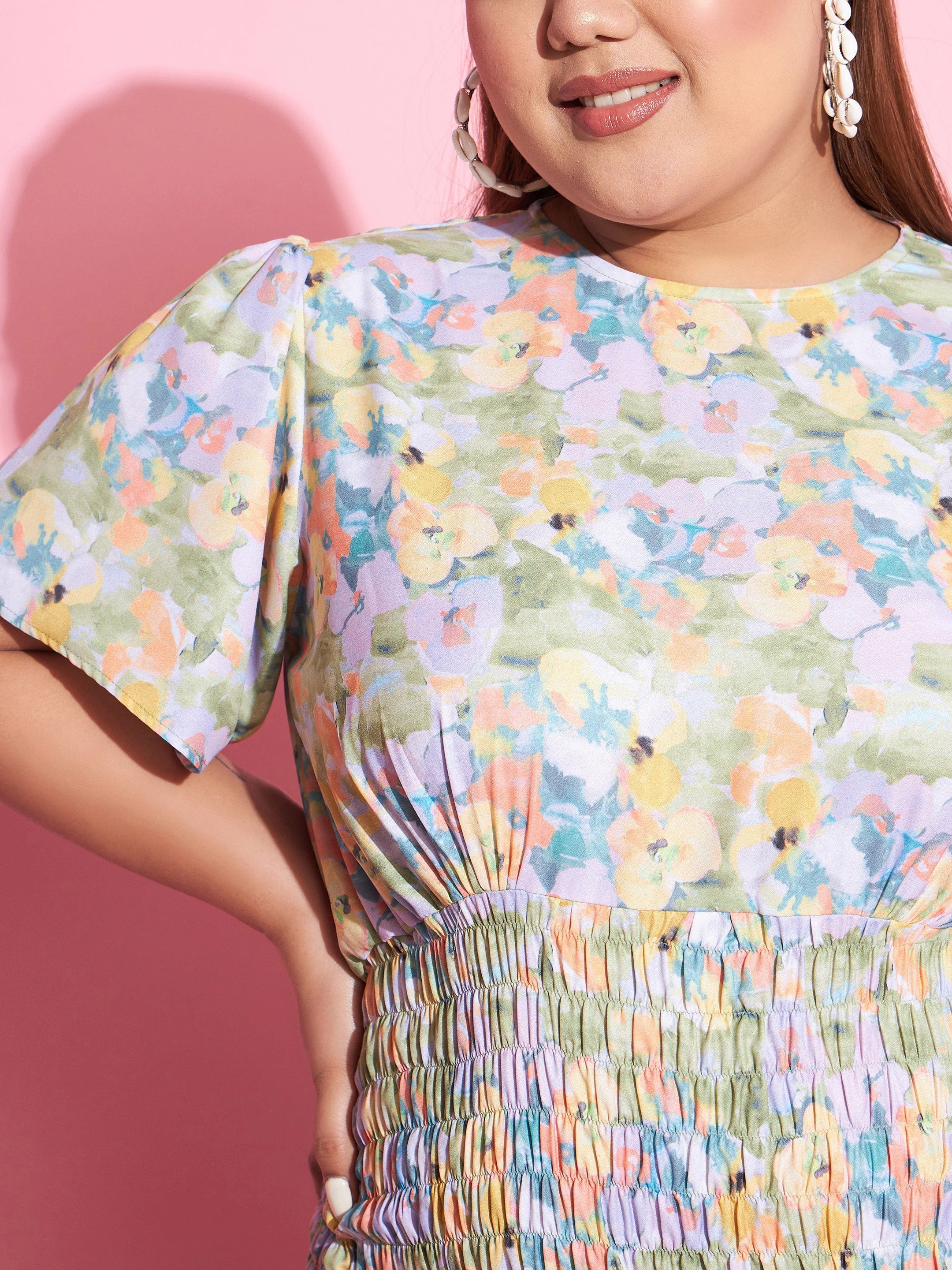 Women Green Floral Smocked Short Dress - Image 5