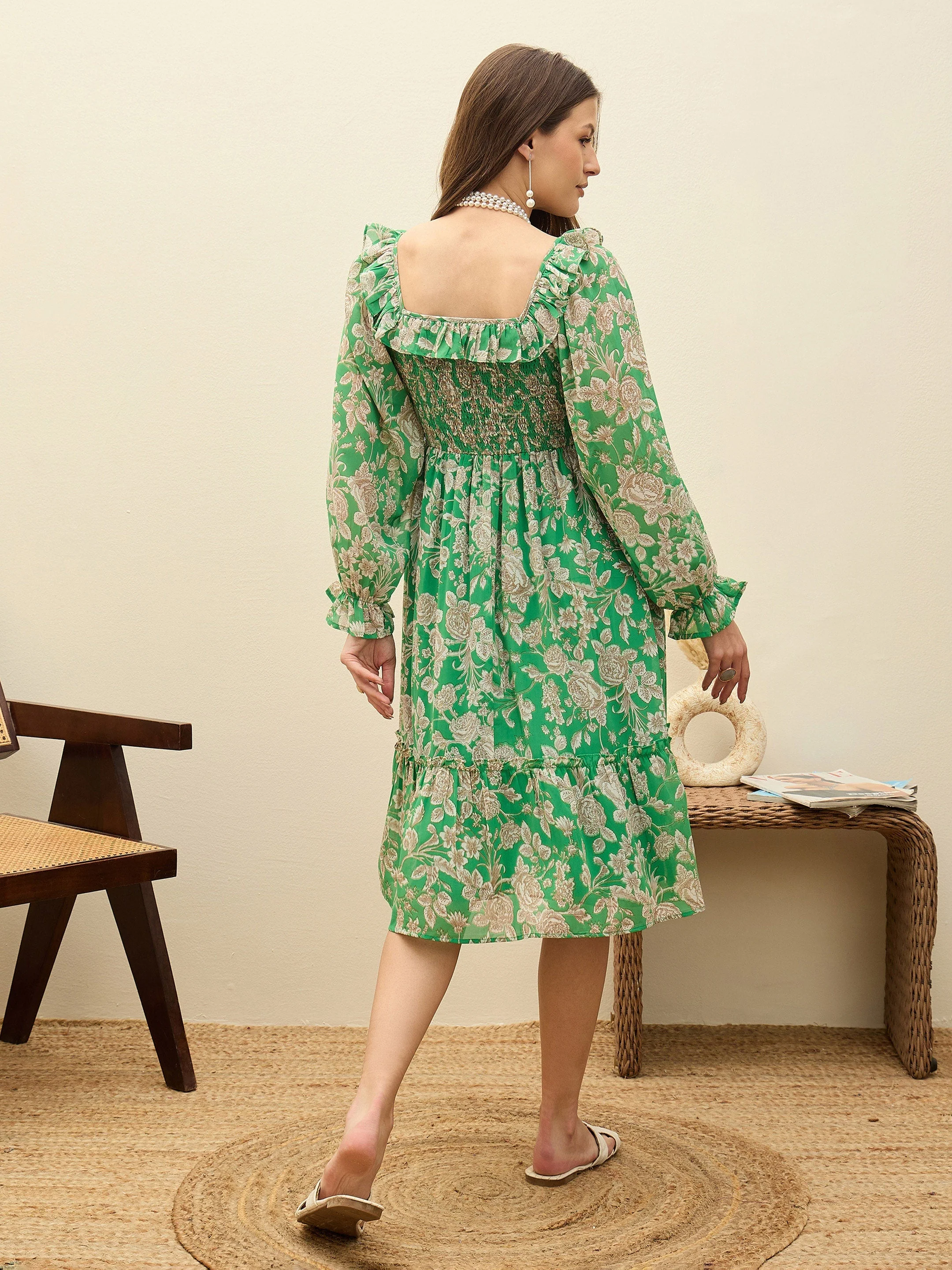 Women Green Floral Square Neck Midi Dress - Image 5