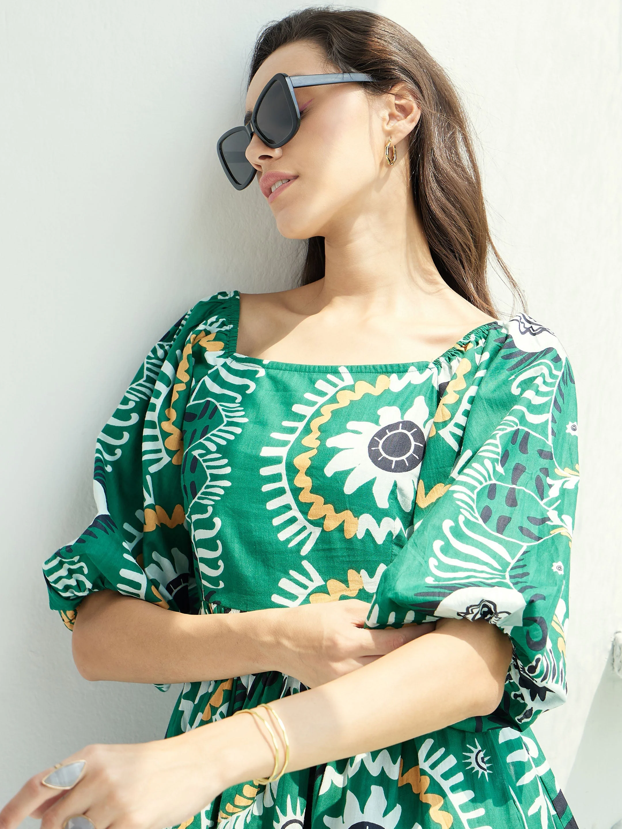 Women Green Floral Square-Neck Short Dress - Image 2