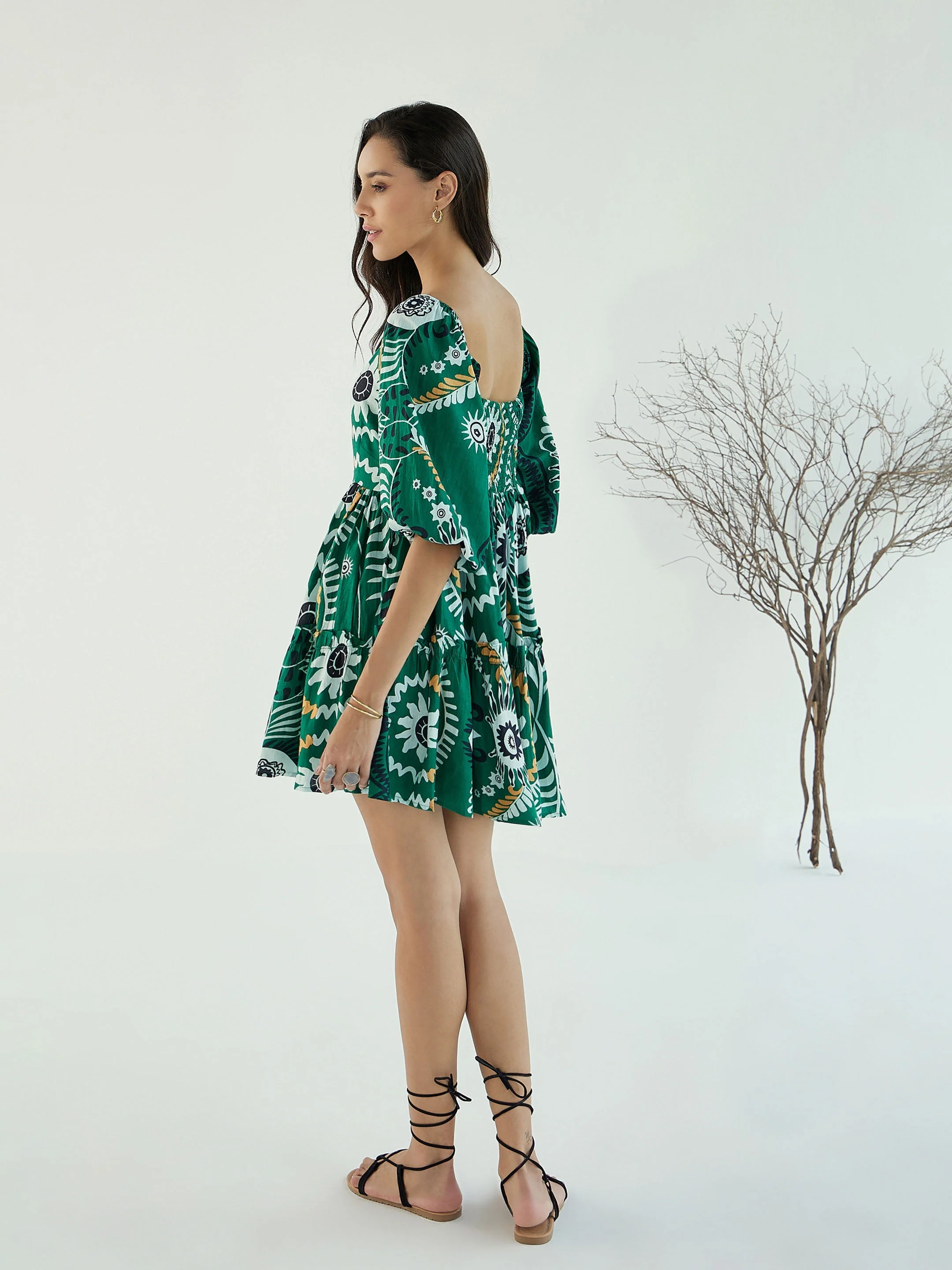 Women Green Floral Square-Neck Short Dress - Image 3