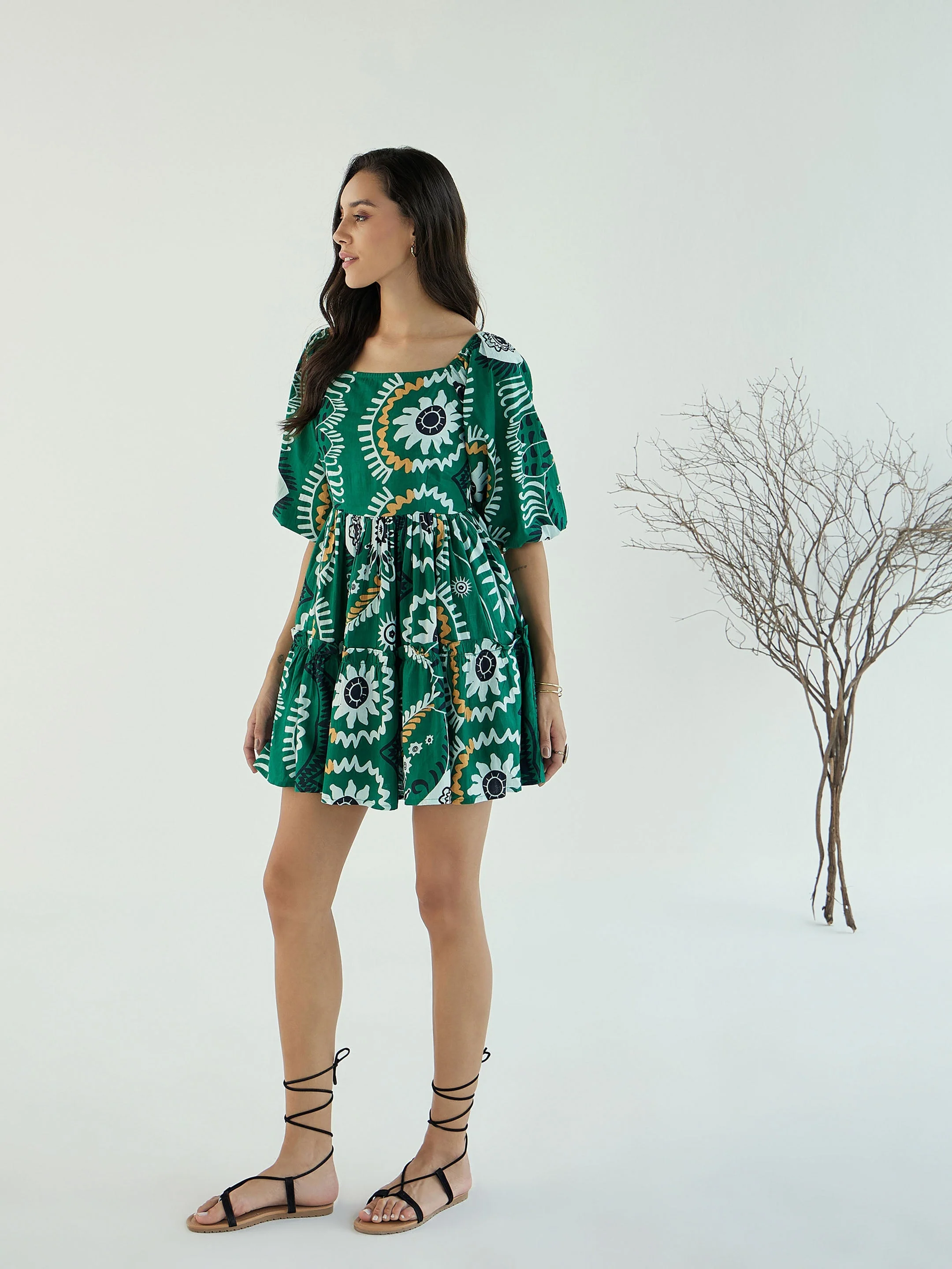 Women Green Floral Square-Neck Short Dress - Image 5