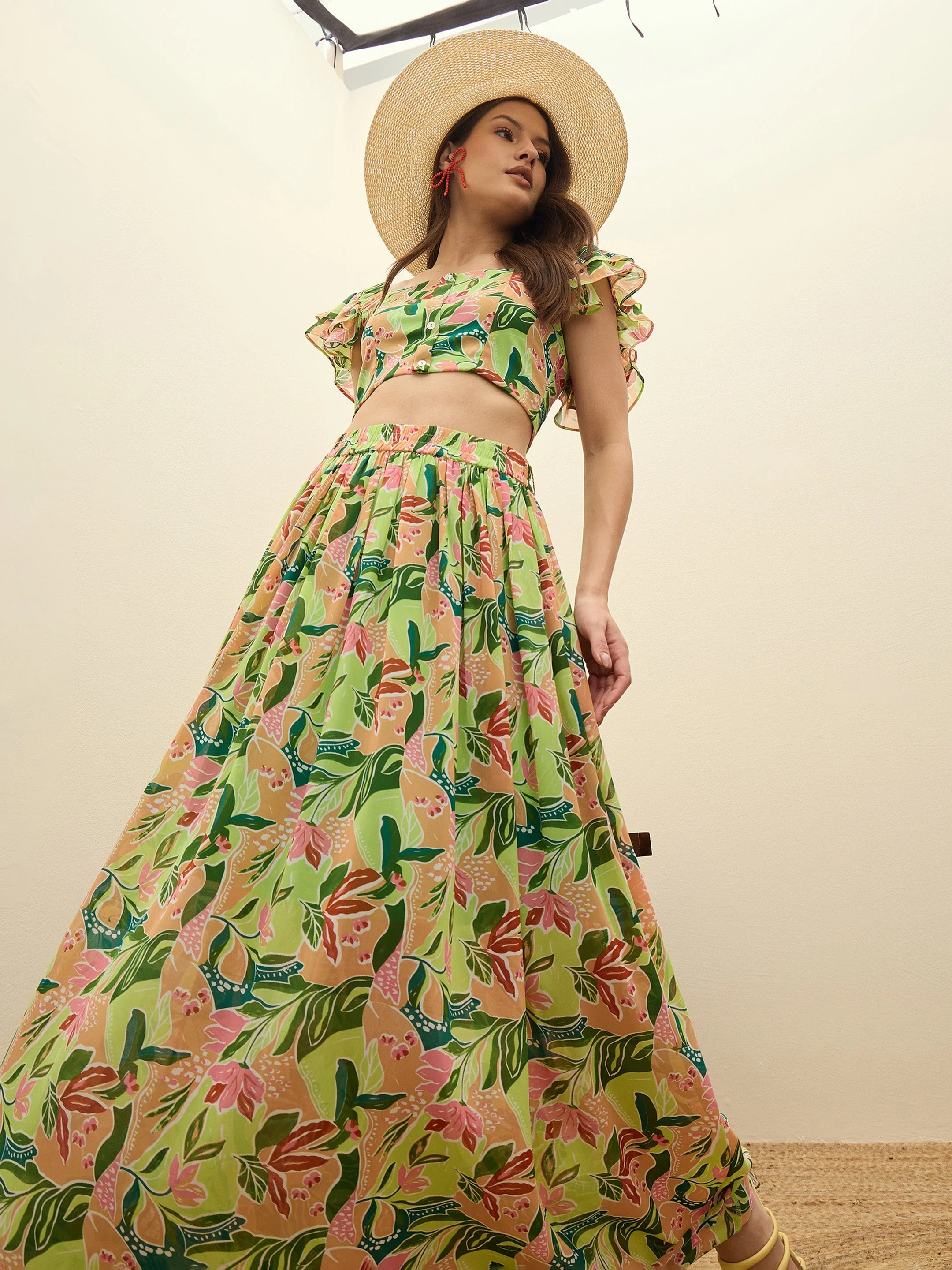 Women Green Floral Strappy Crop Top With Maxi Skirt - Image 2