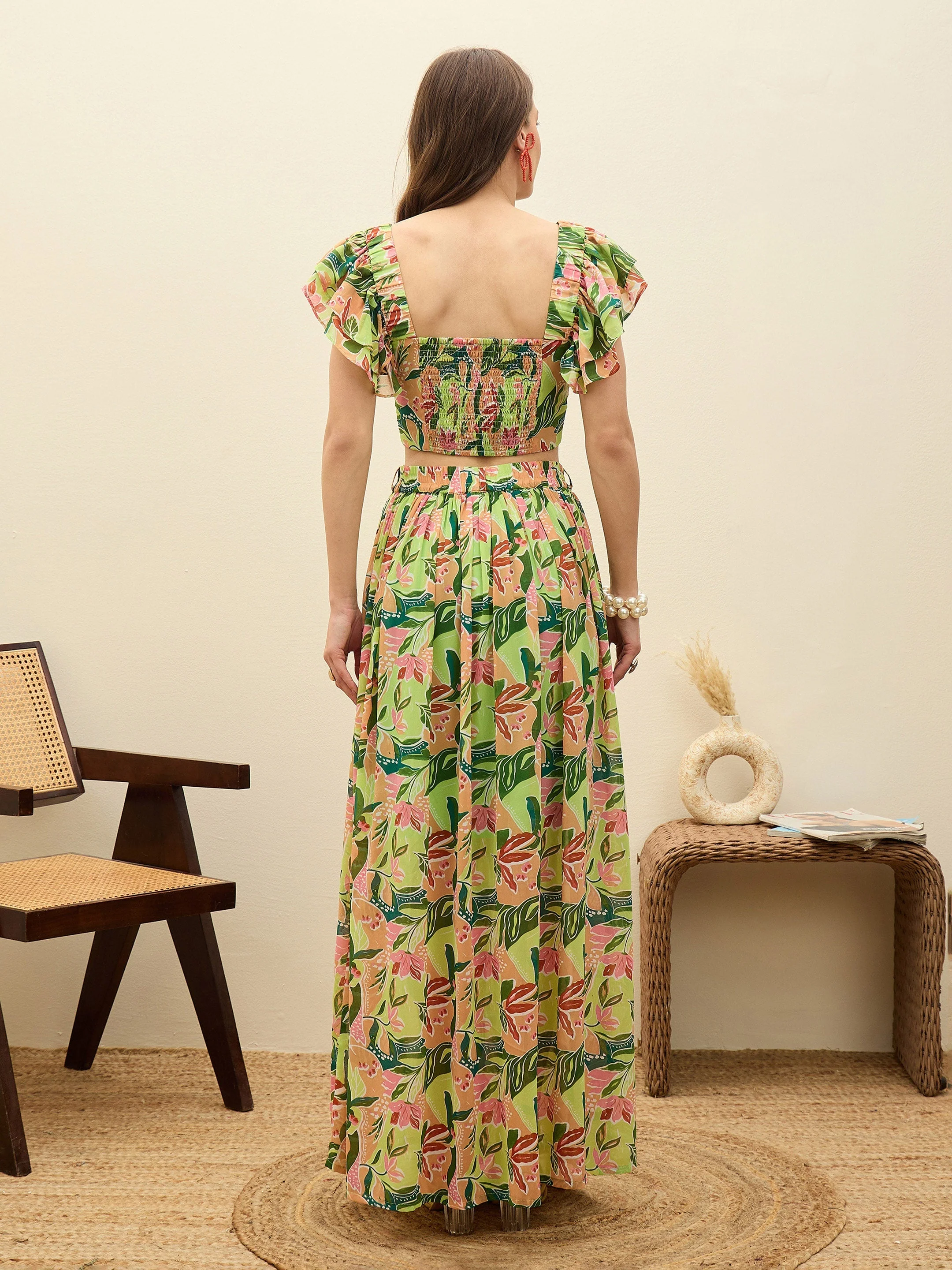 Women Green Floral Strappy Crop Top With Maxi Skirt - Image 5