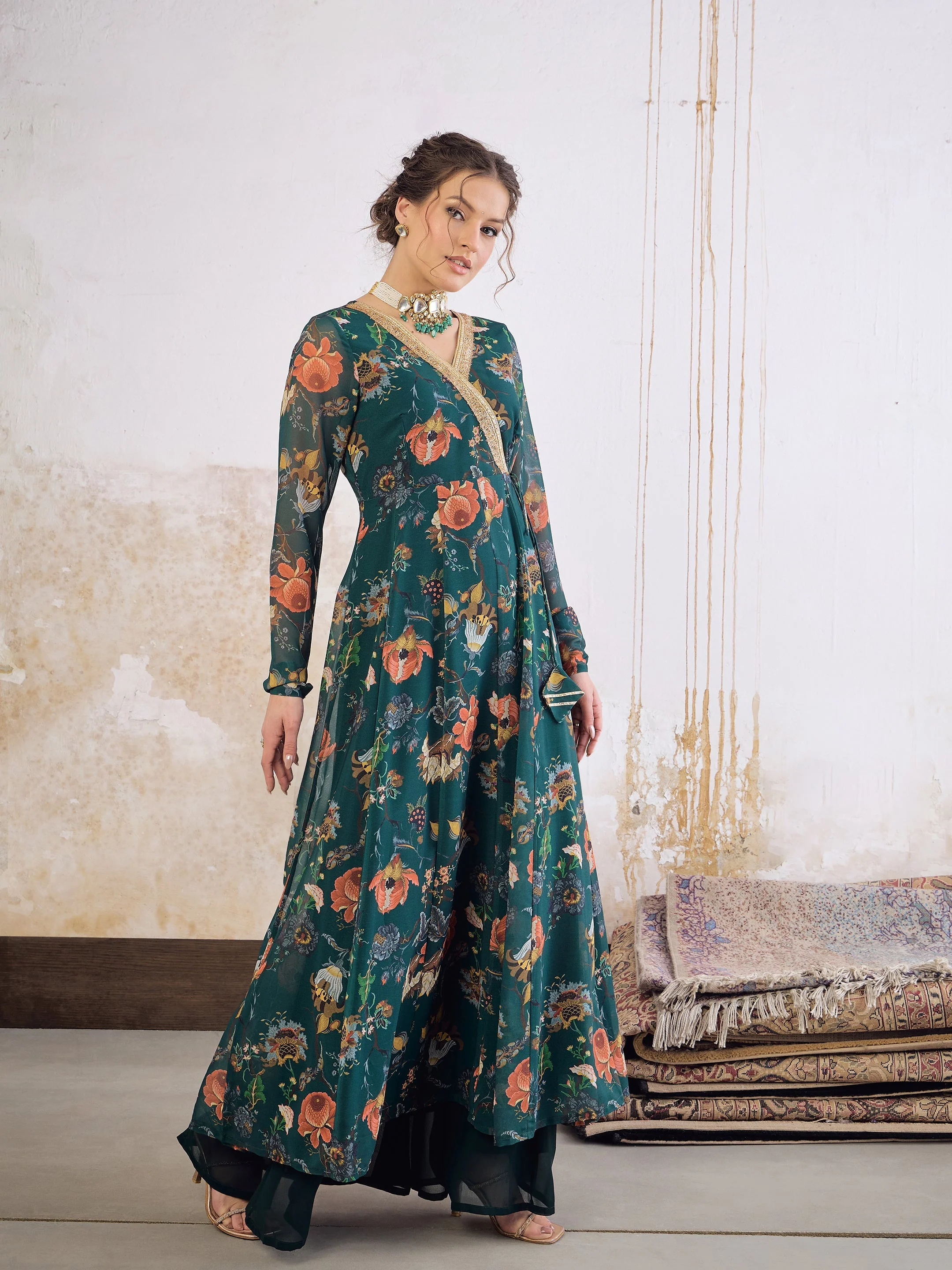 Women Green Floral Wrap Anarkali Kurta - Image 3