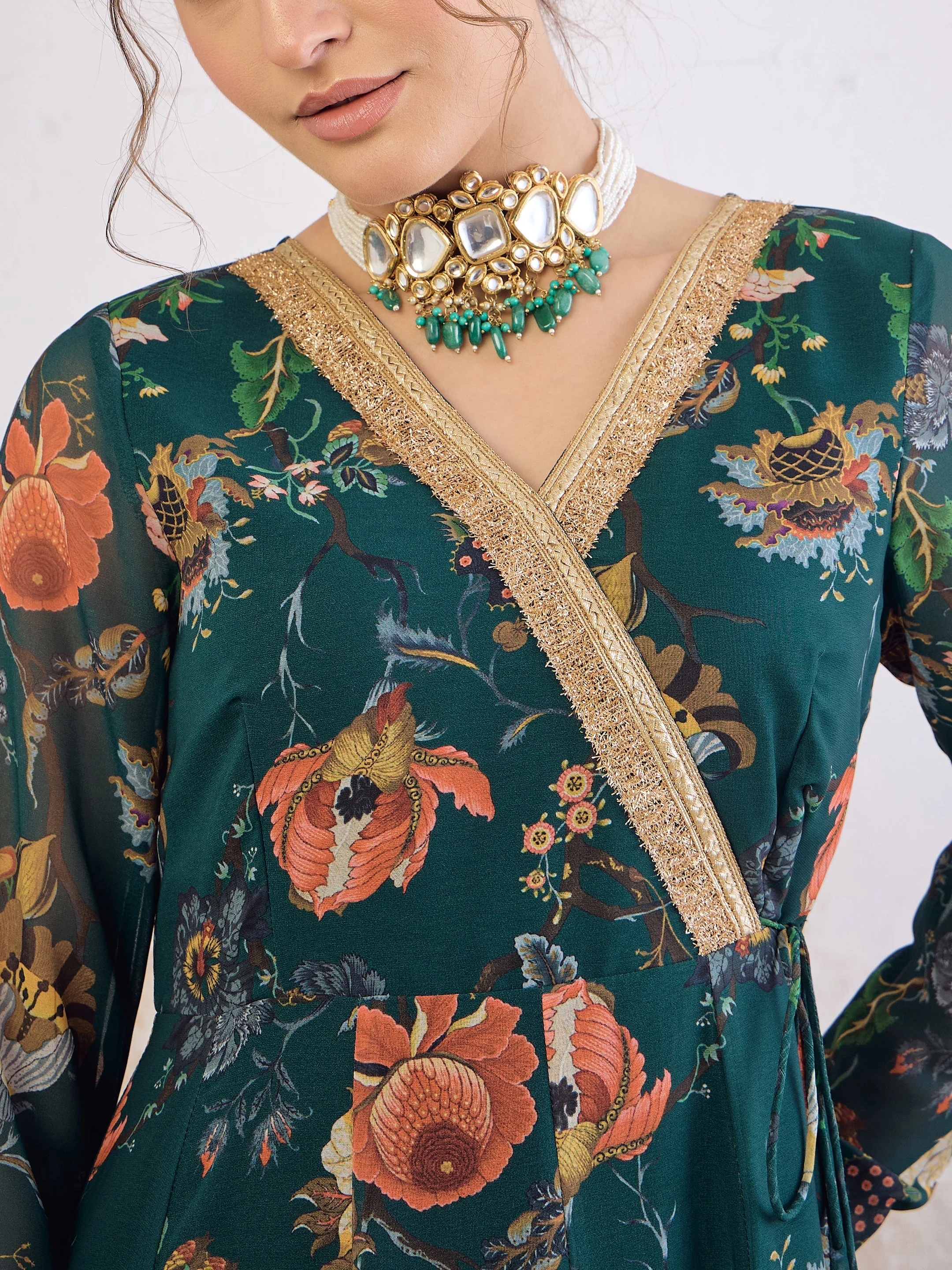 Women Green Floral Wrap Anarkali Kurta - Image 4