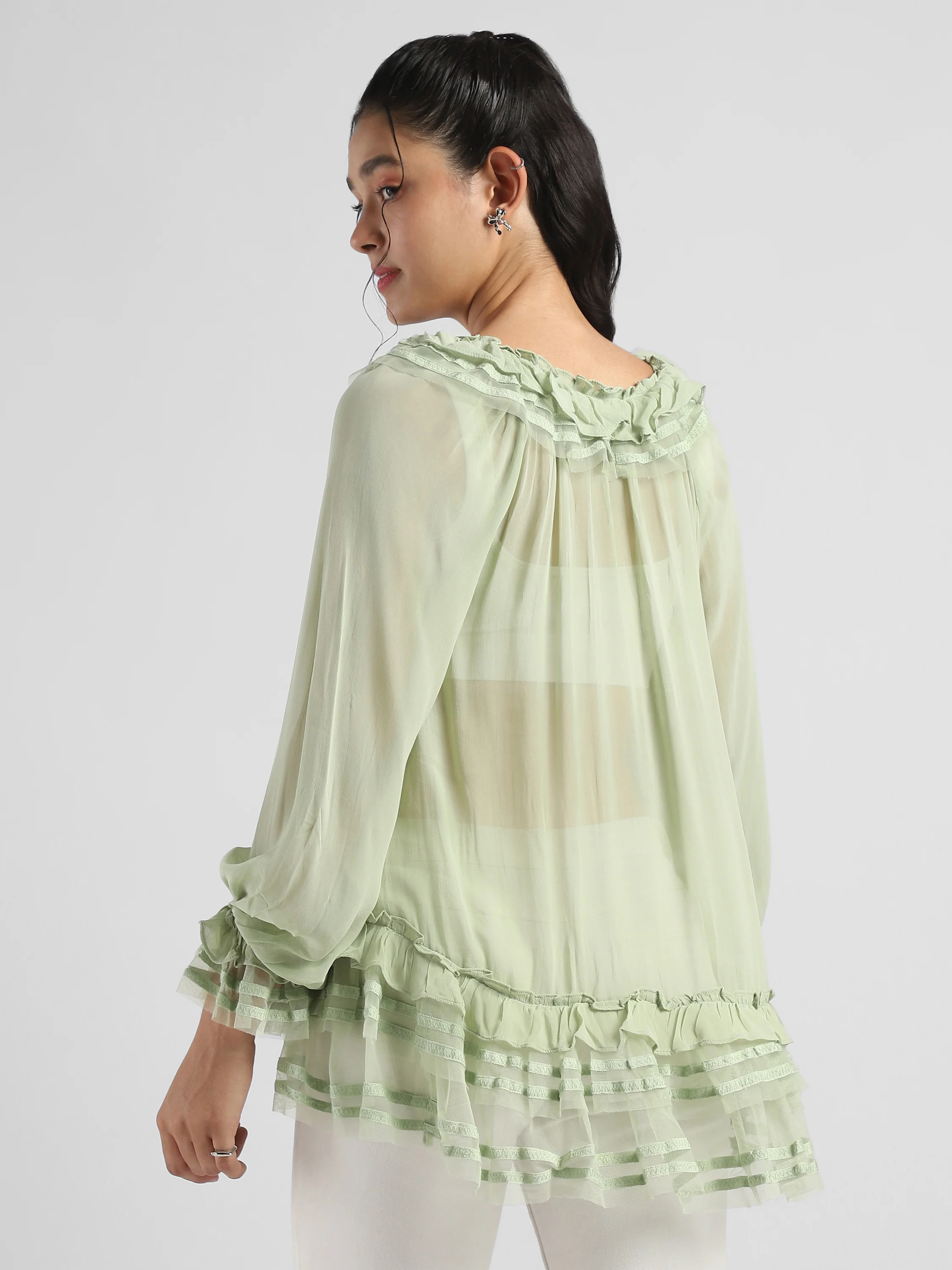 Women Green Frilled high low hem top - Image 2
