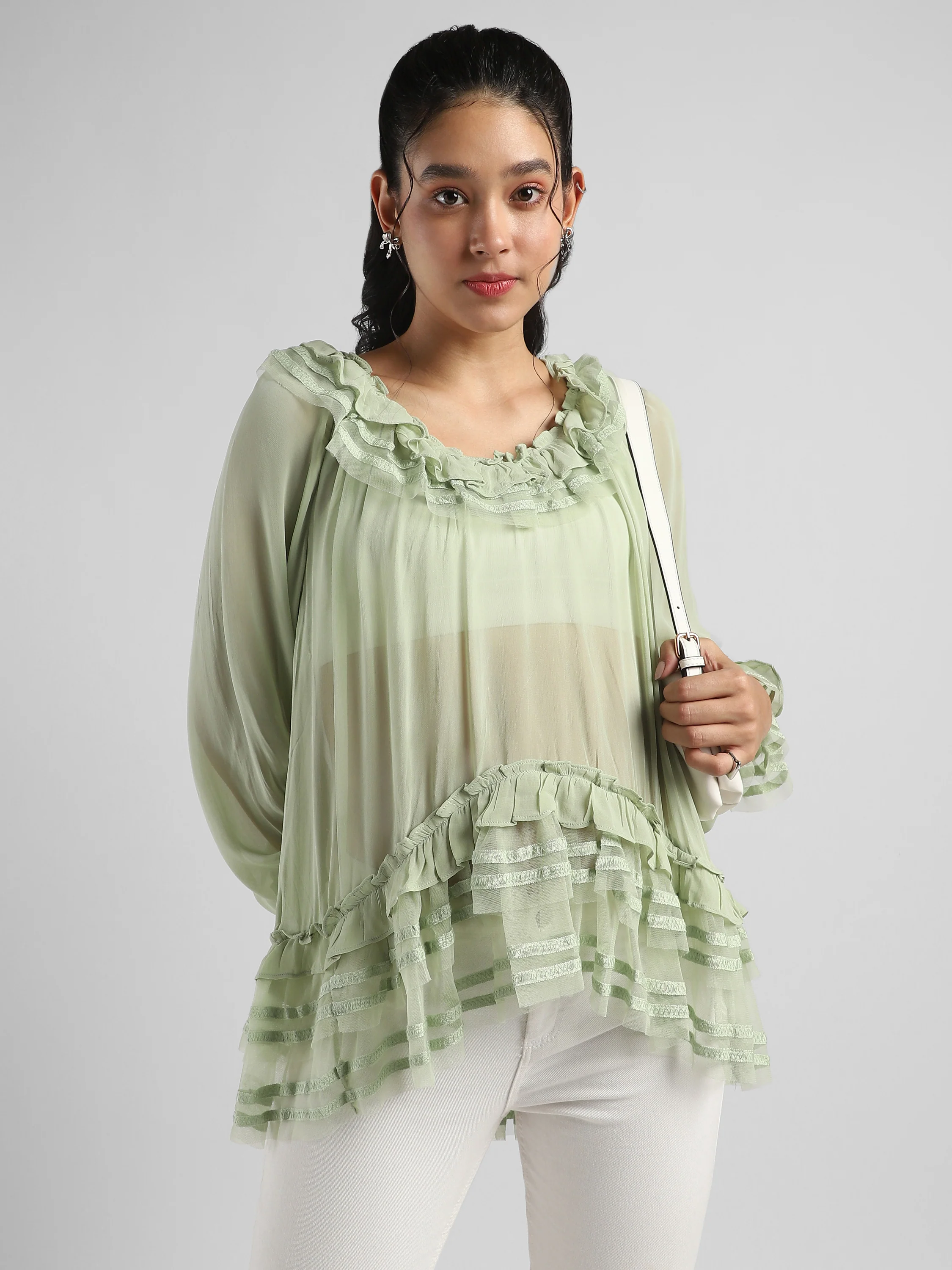 Women Green Frilled high low hem top - Image 3